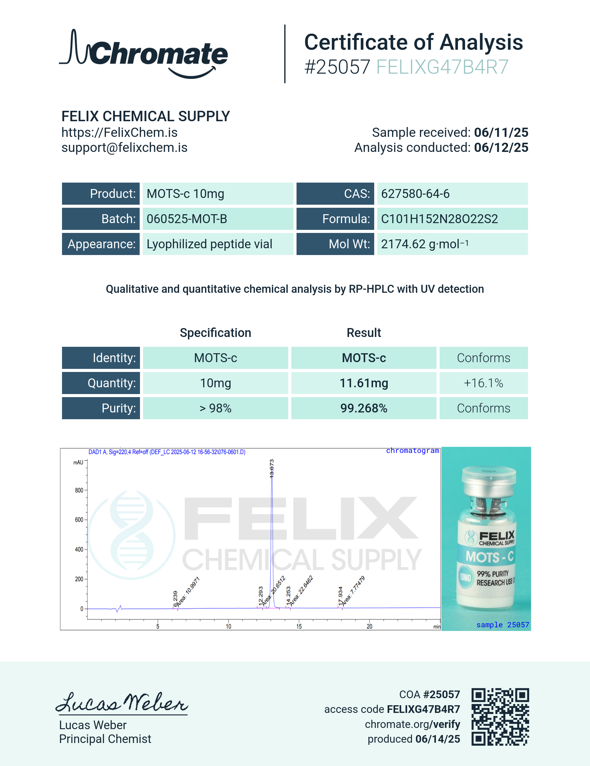 MOTS-c (10mg) Certificate of Analysis from Felix Chem