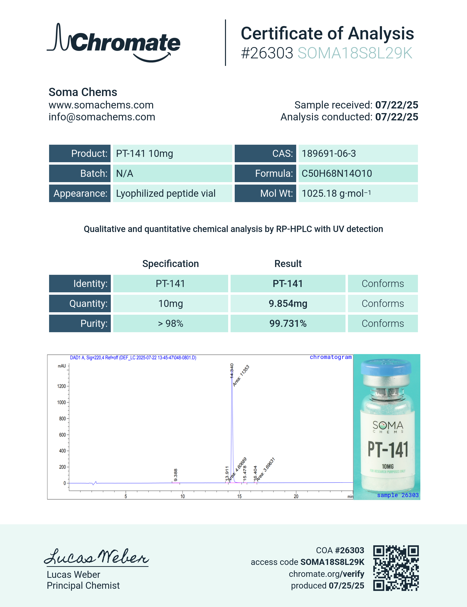 PT-141 (10mg) Certificate of Analysis from Soma Chems