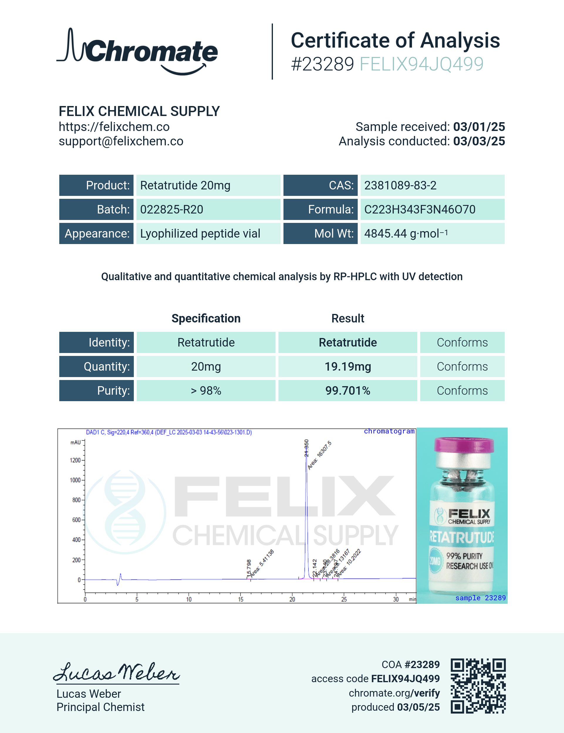GLP-3R (20mg) Certificate of Analysis from Felix Chem