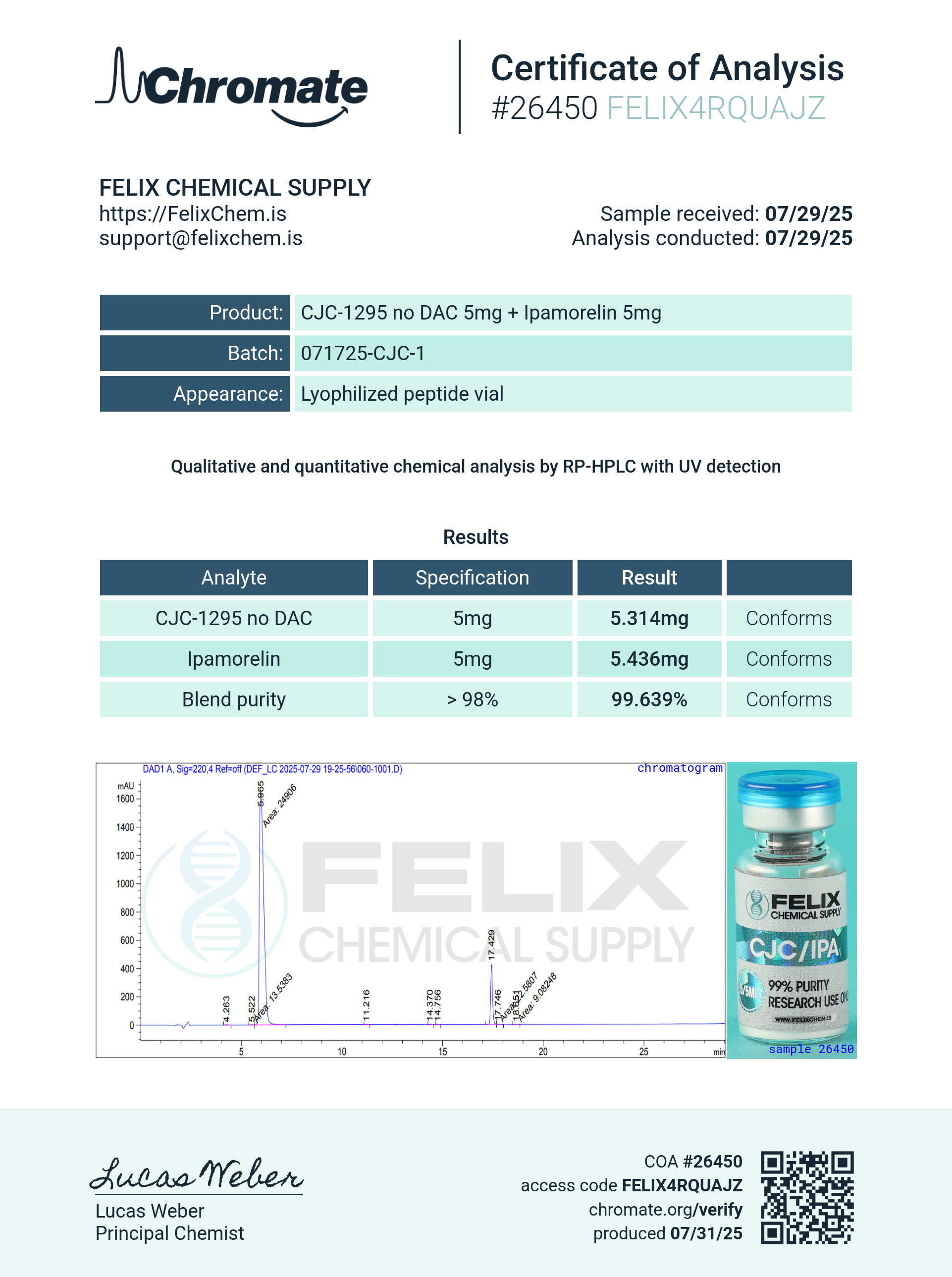 Ipamorelin/CJC-1295 (No DAC) (5/5mg) Certificate of Analysis from Felix Chem