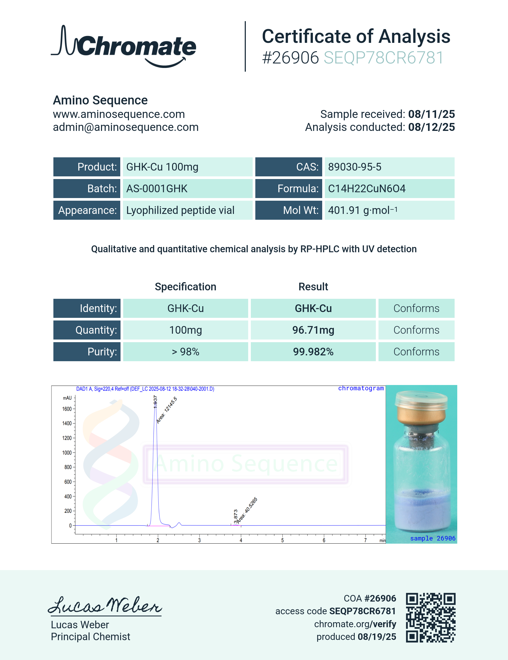 GHK-Cu (100mg) Certificate of Analysis from Amino Sequence