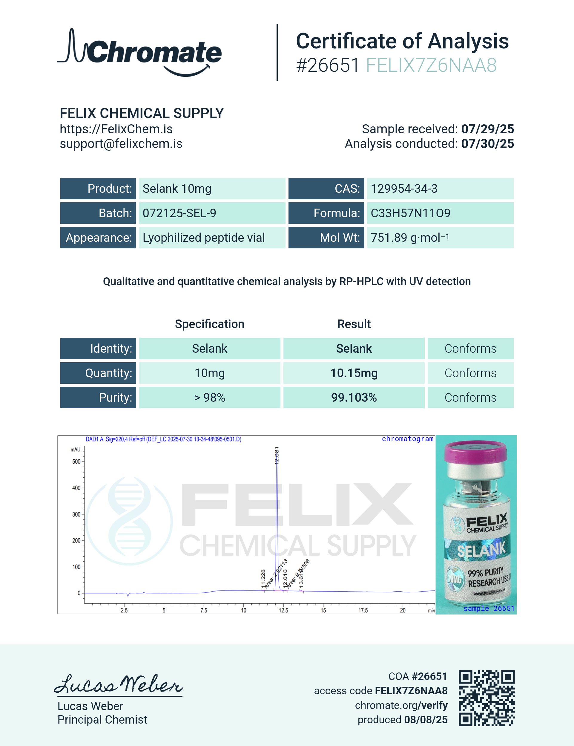 Selank (10mg) Certificate of Analysis from Felix Chem