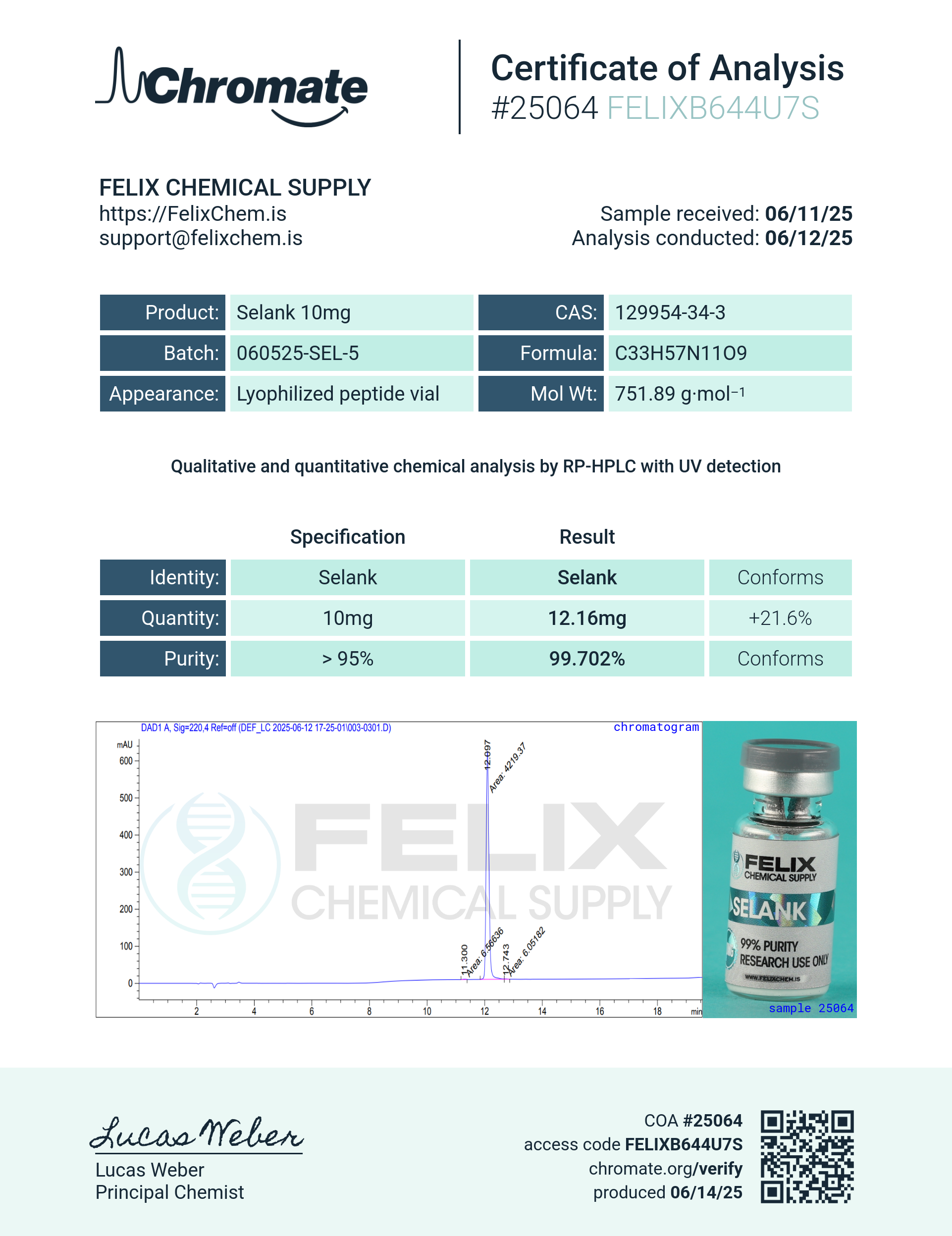 Selank (10mg) Certificate of Analysis from Felix Chem