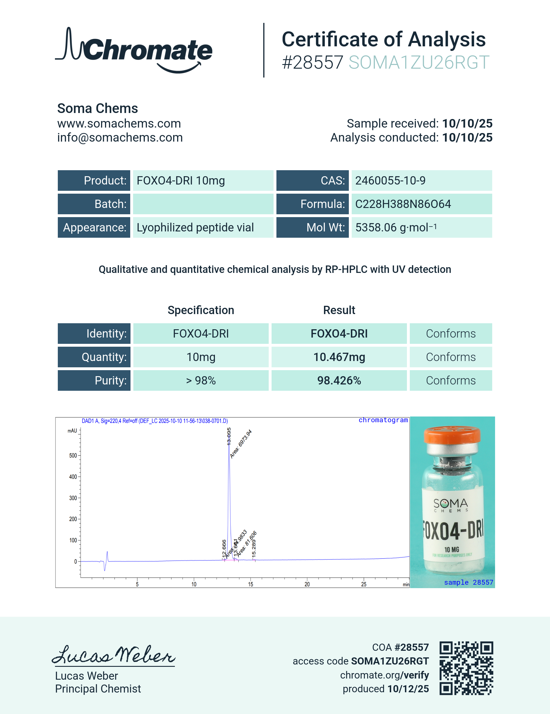 FOXO4-DRI (10mg) Certificate of Analysis from Soma Chems
