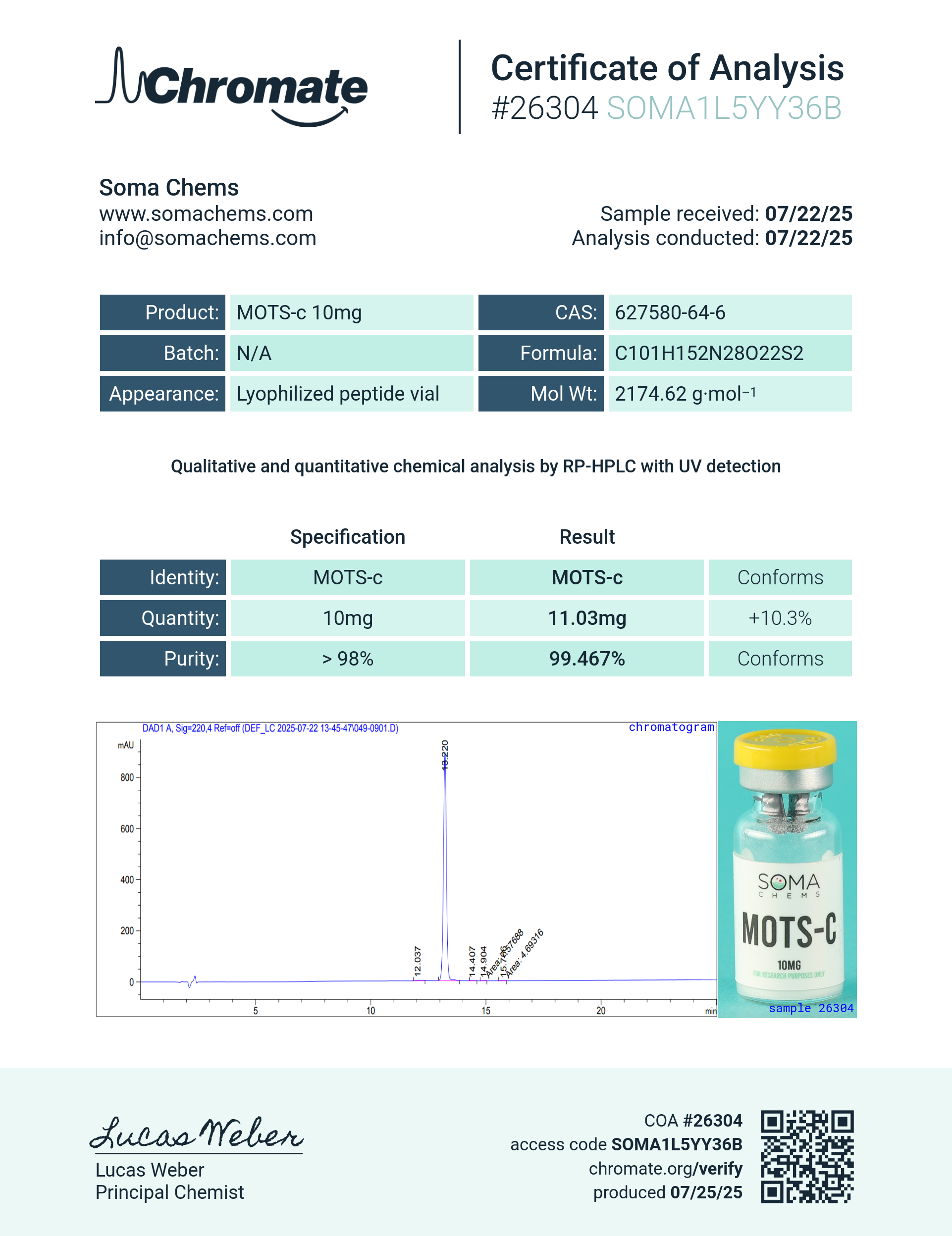MOTS-c (10mg) Certificate of Analysis from Soma Chems