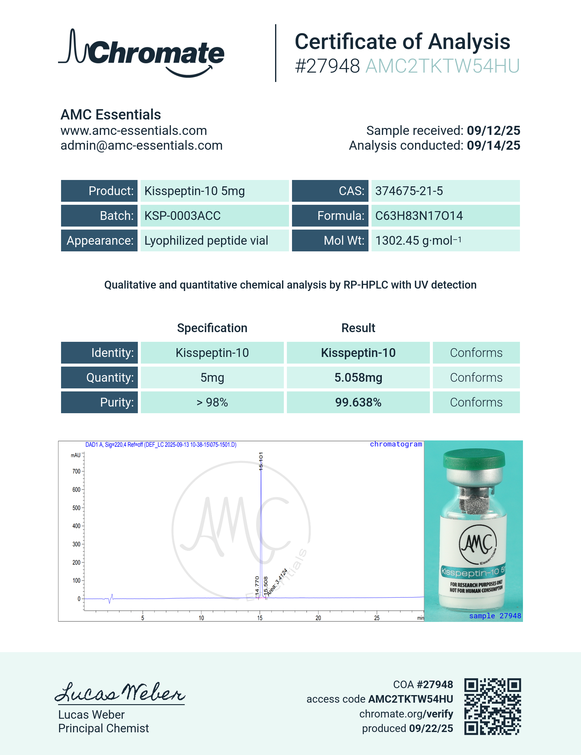 Kisspeptin (5mg) Certificate of Analysis from AMC Essentials