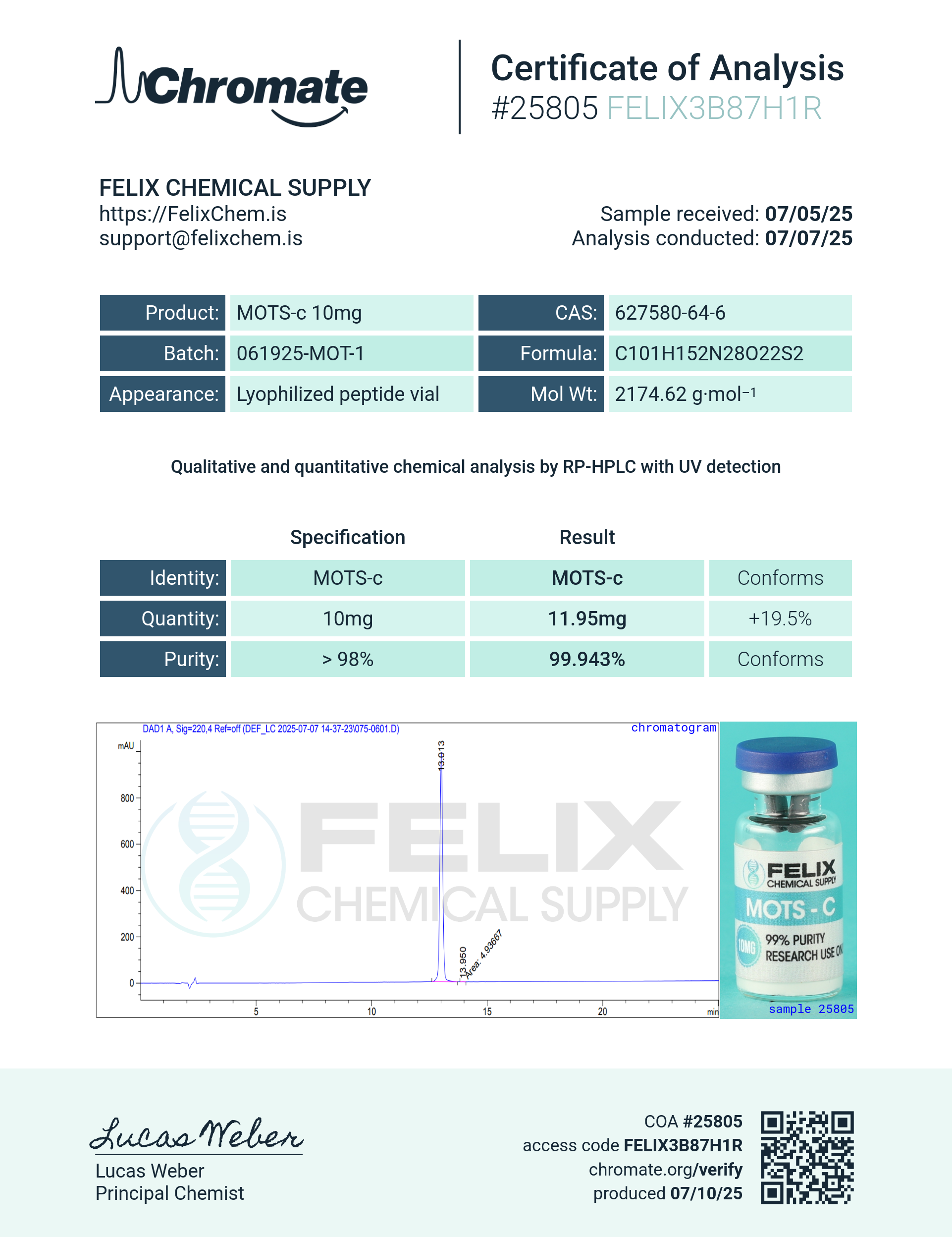 MOTS-c (10mg) Certificate of Analysis from Felix Chem