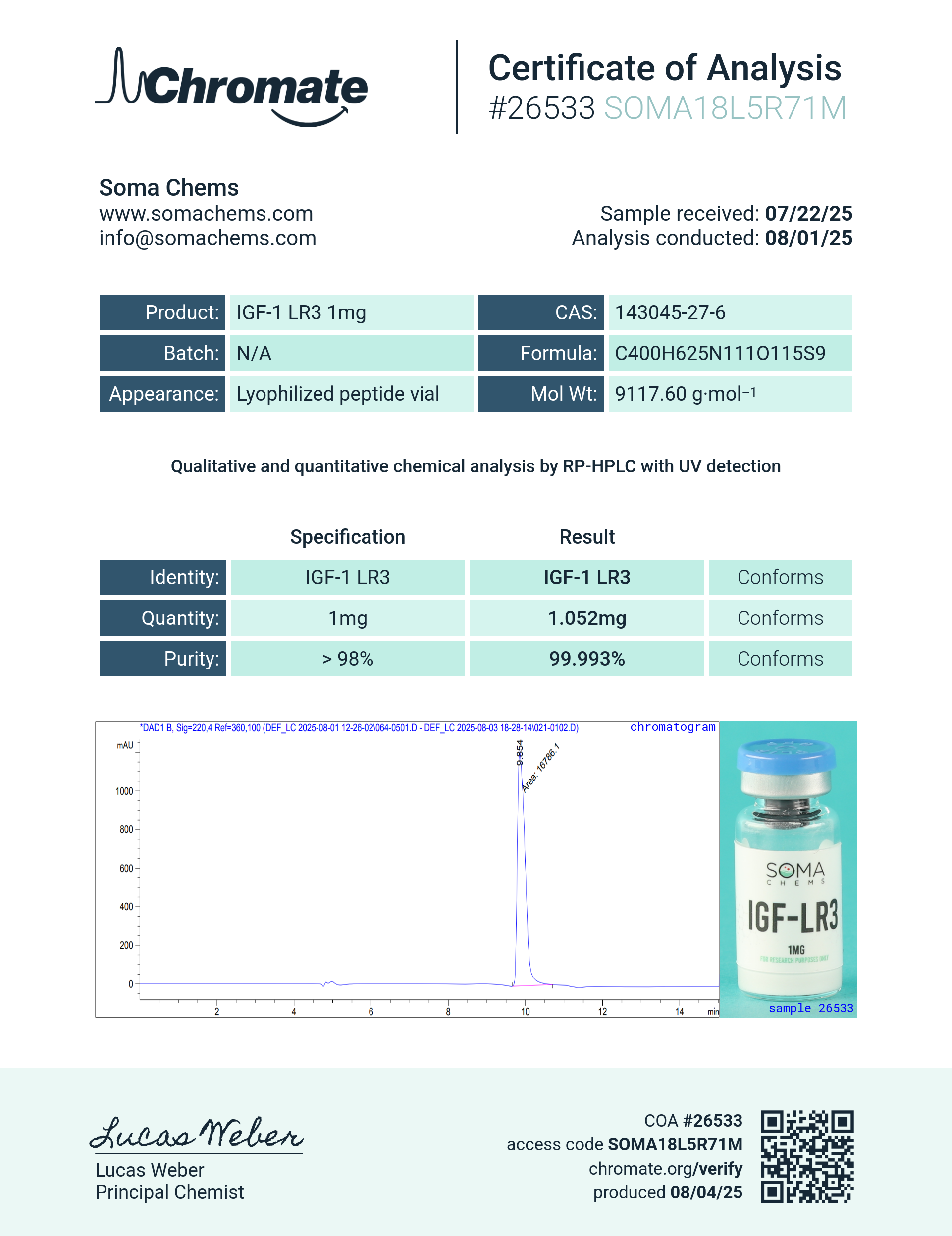 IGF-1 LR3 (1mg) Certificate of Analysis from Soma Chems