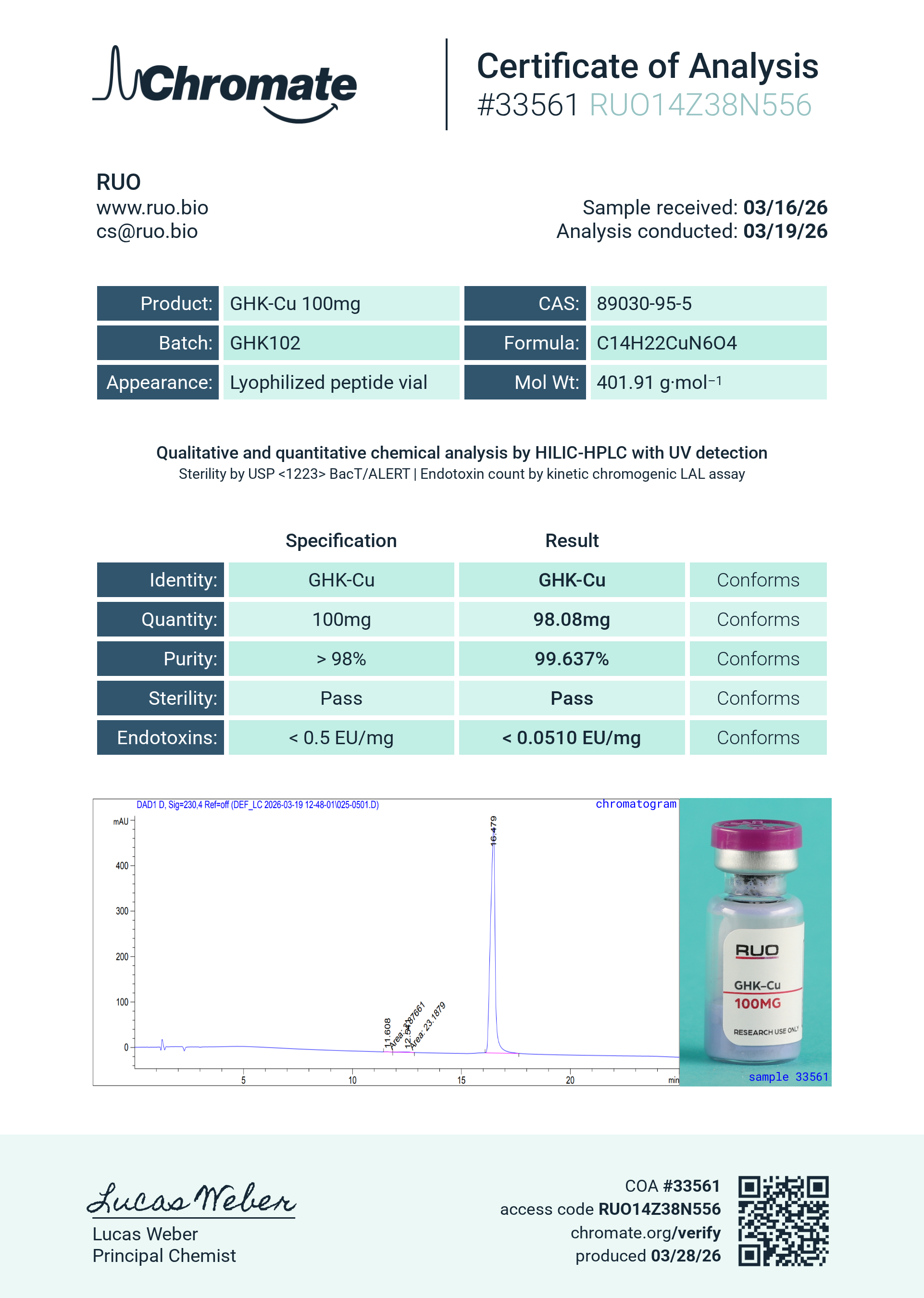 GHK-Cu (100mg) Certificate of Analysis from Ruo Bio