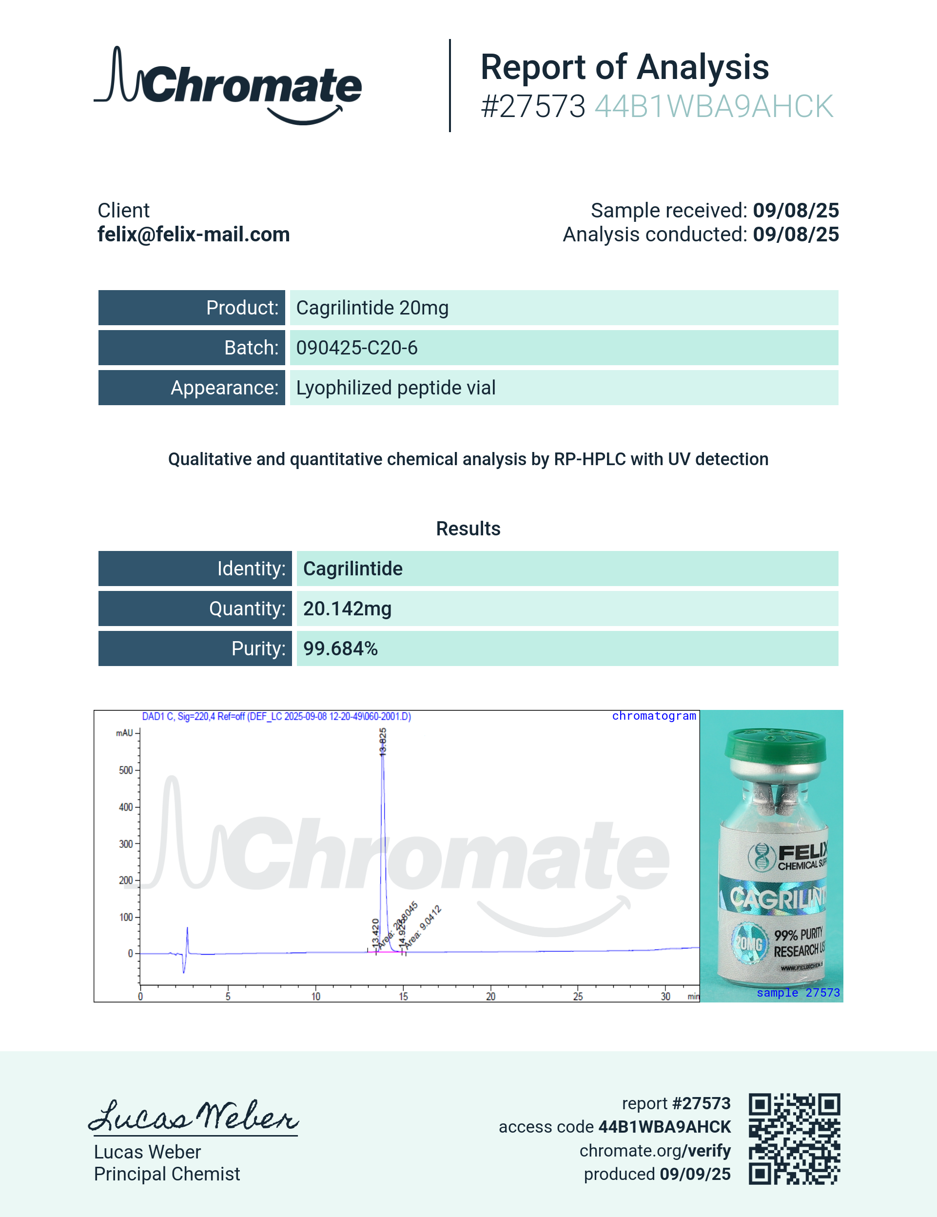 Cagrilintide (20mg) Certificate of Analysis from Felix Chem