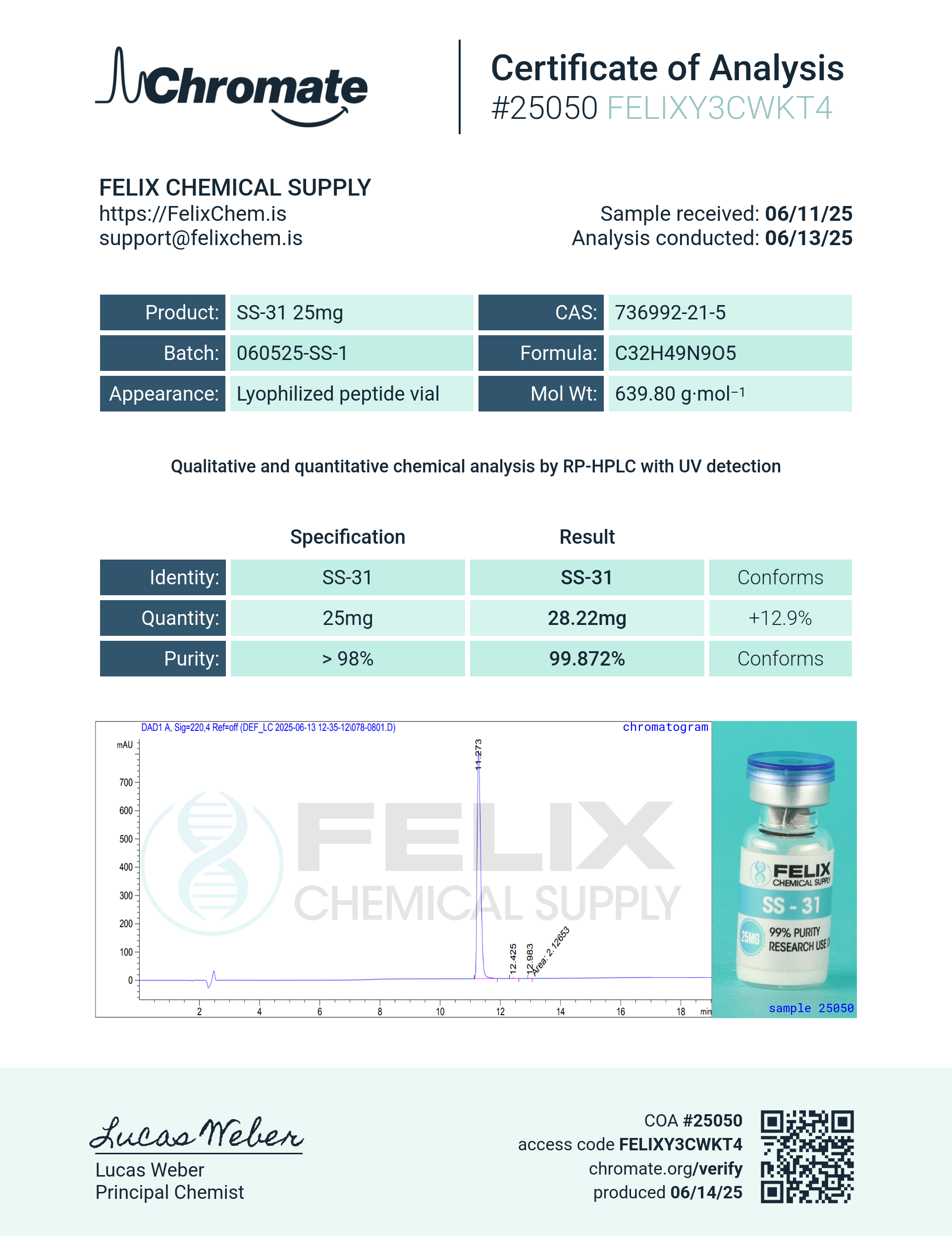 SS-31 (25mg) Certificate of Analysis from Felix Chem