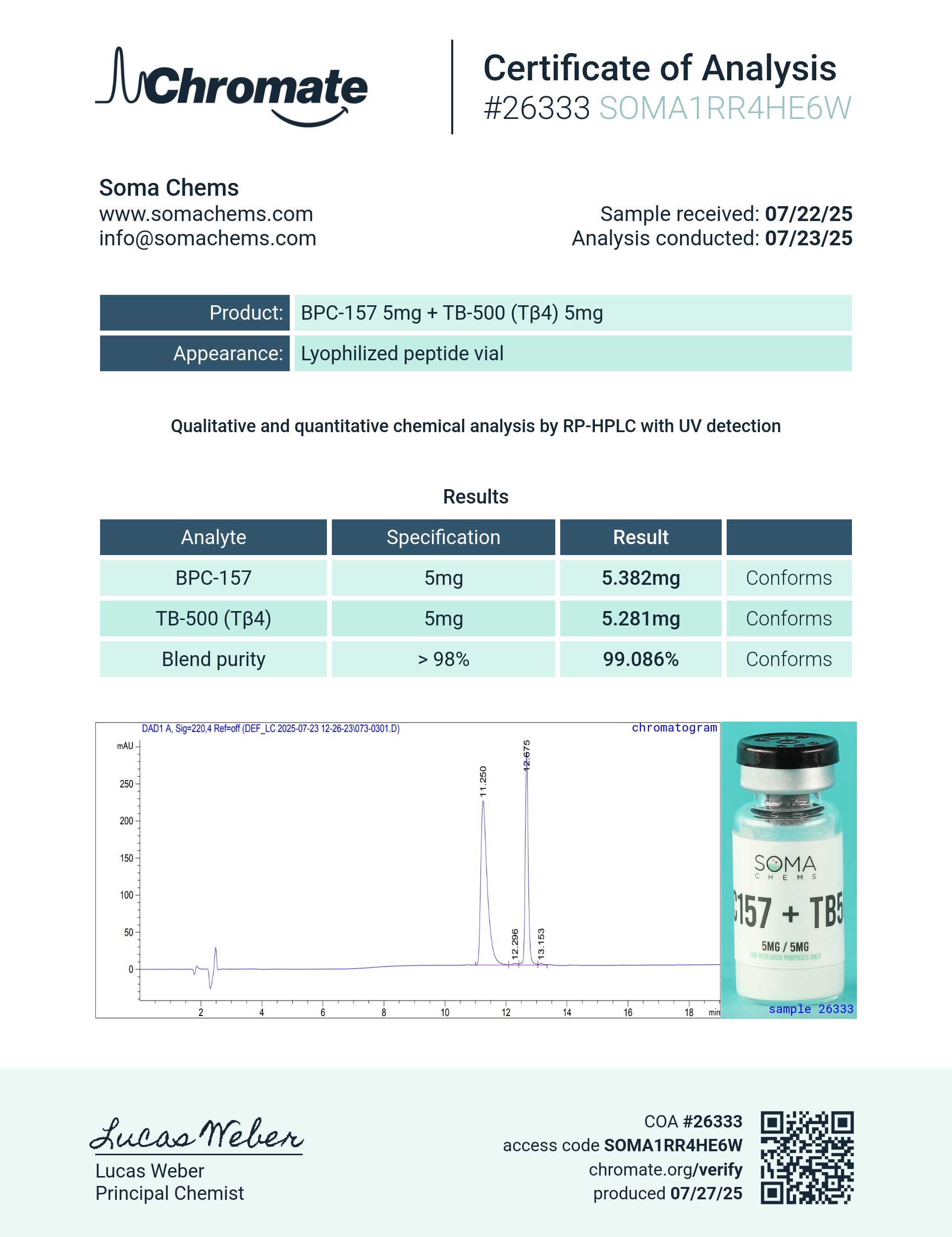 BPC-157/TB-500 (5/5mg) Certificate of Analysis from Soma Chems
