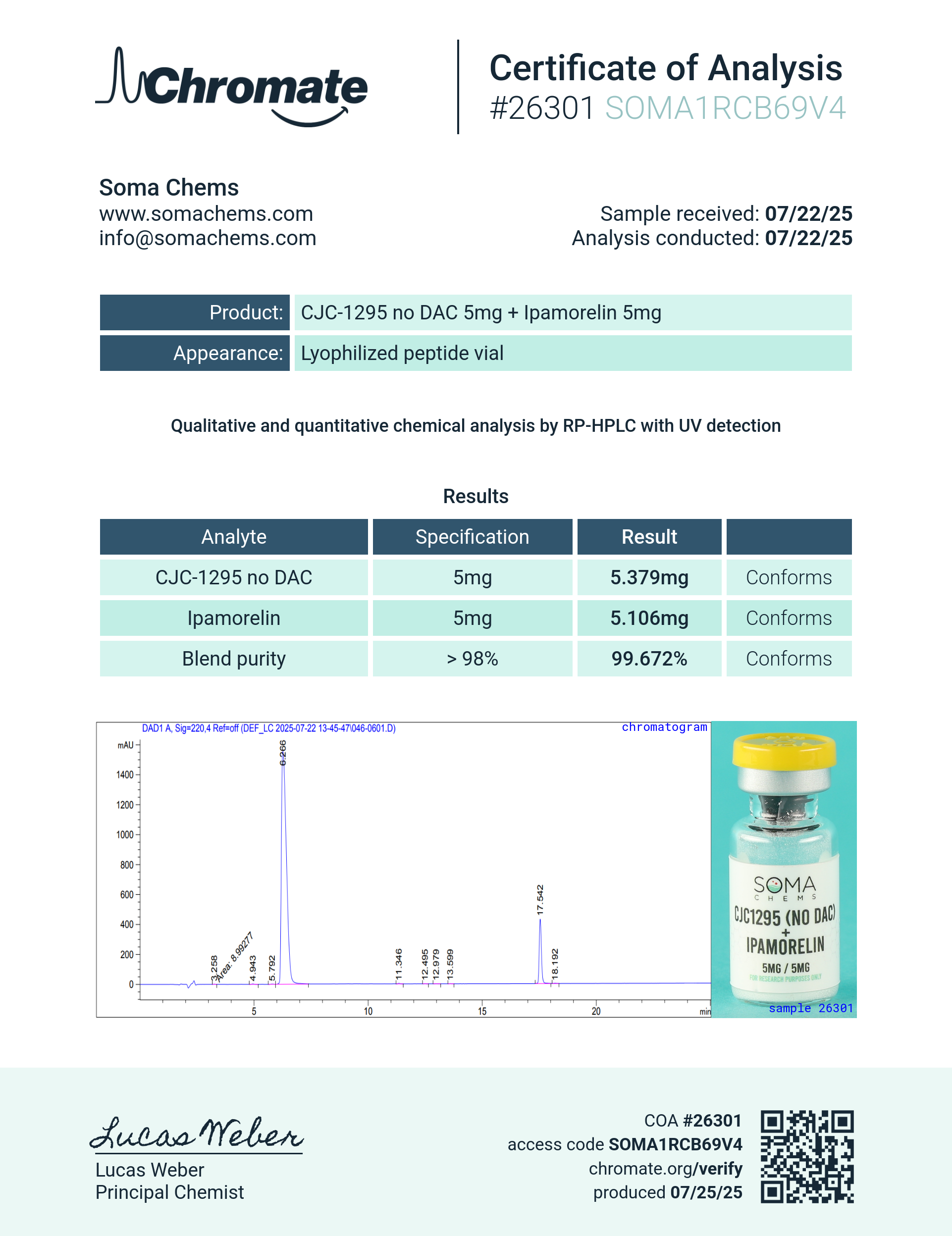 Ipamorelin/CJC-1295 (No DAC) (5/5mg) Certificate of Analysis from Soma Chems