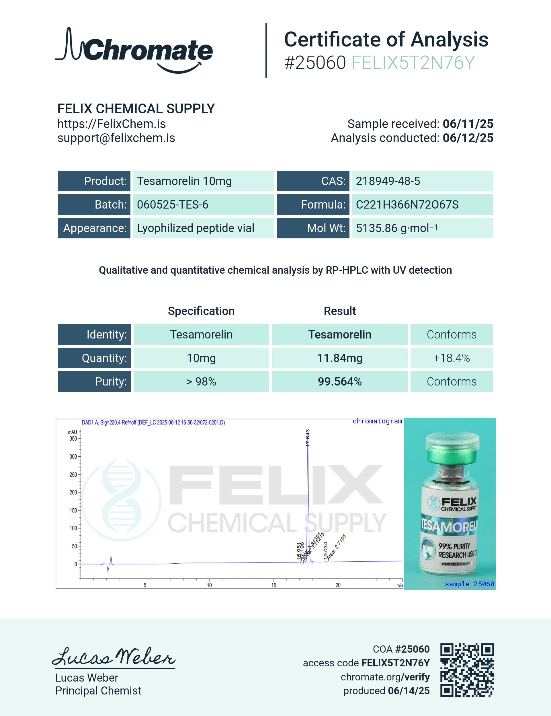 Tesamorelin (10mg) Certificate of Analysis from Felix Chem