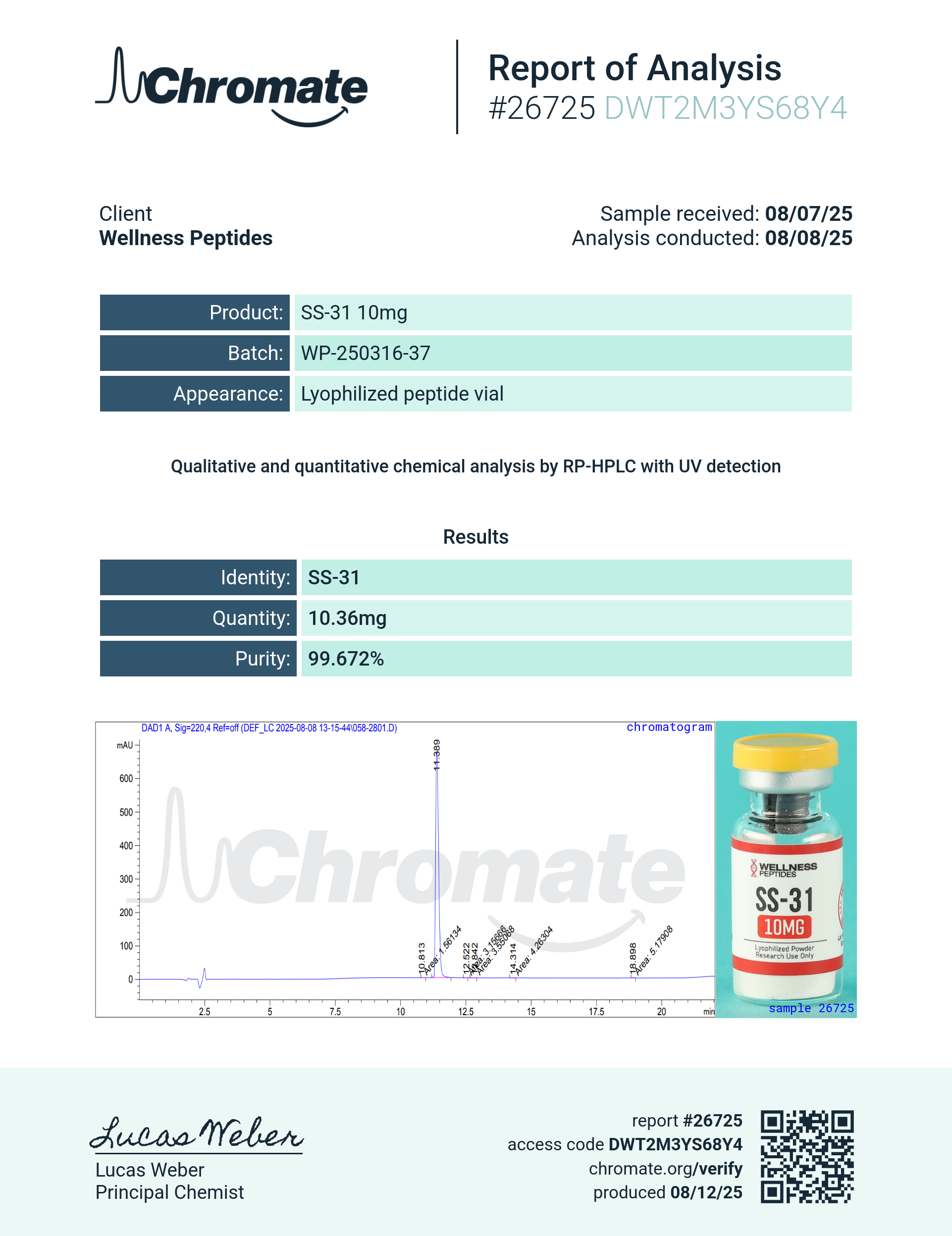 SS-31 (10mg) Certificate of Analysis from Wellness Peptides