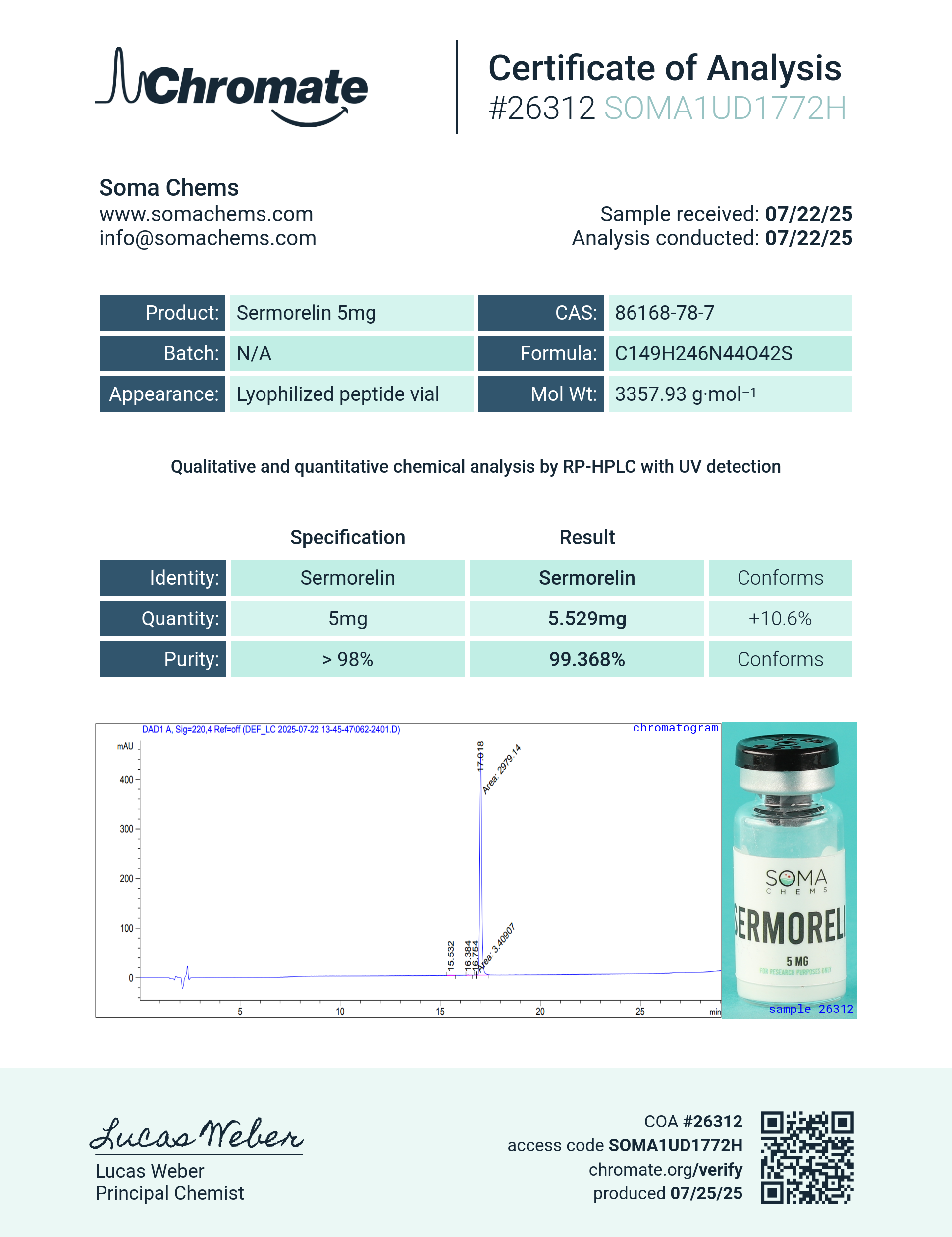 Sermorelin (5mg) Certificate of Analysis from Soma Chems
