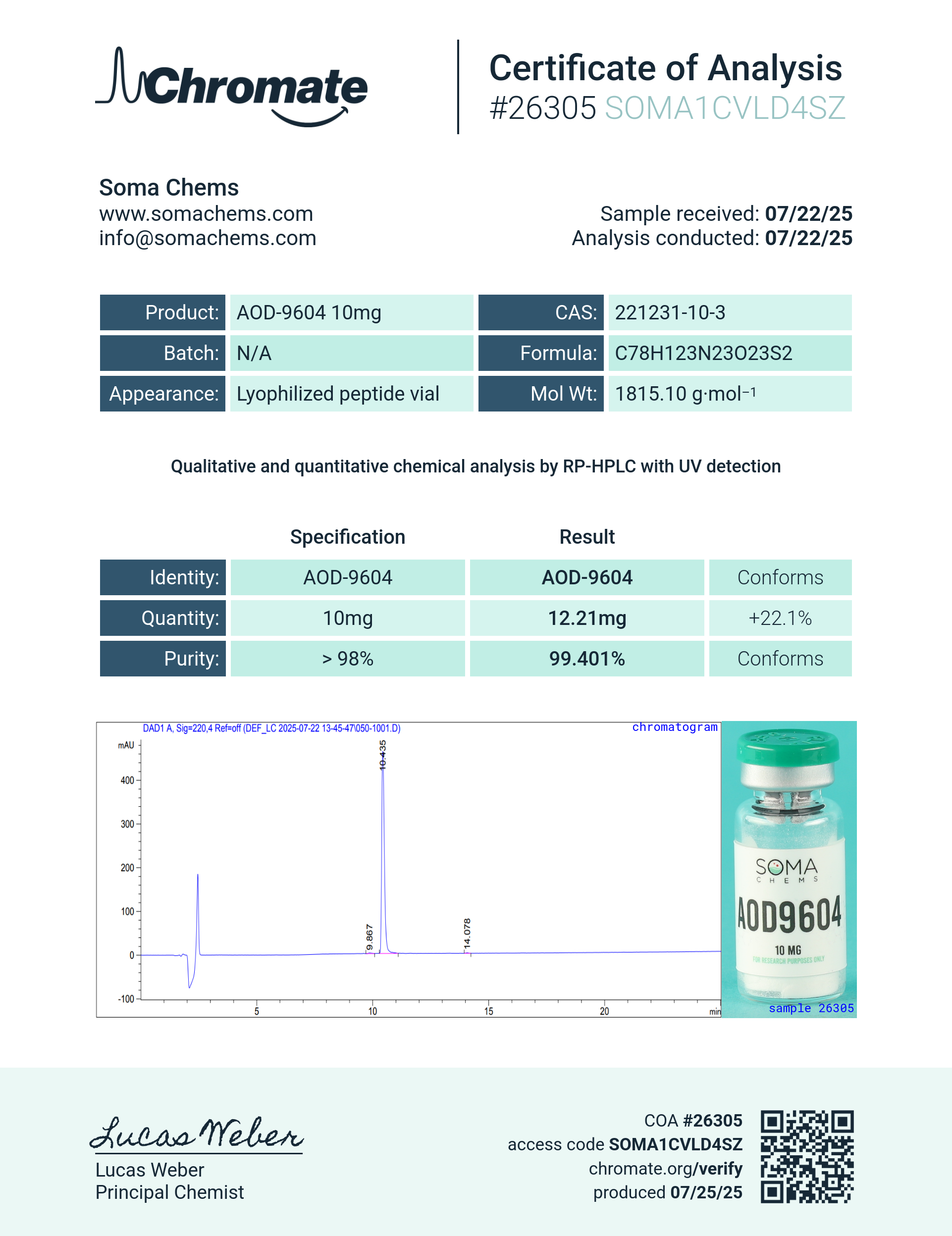 AOD-9604 (10mg) Certificate of Analysis from Soma Chems