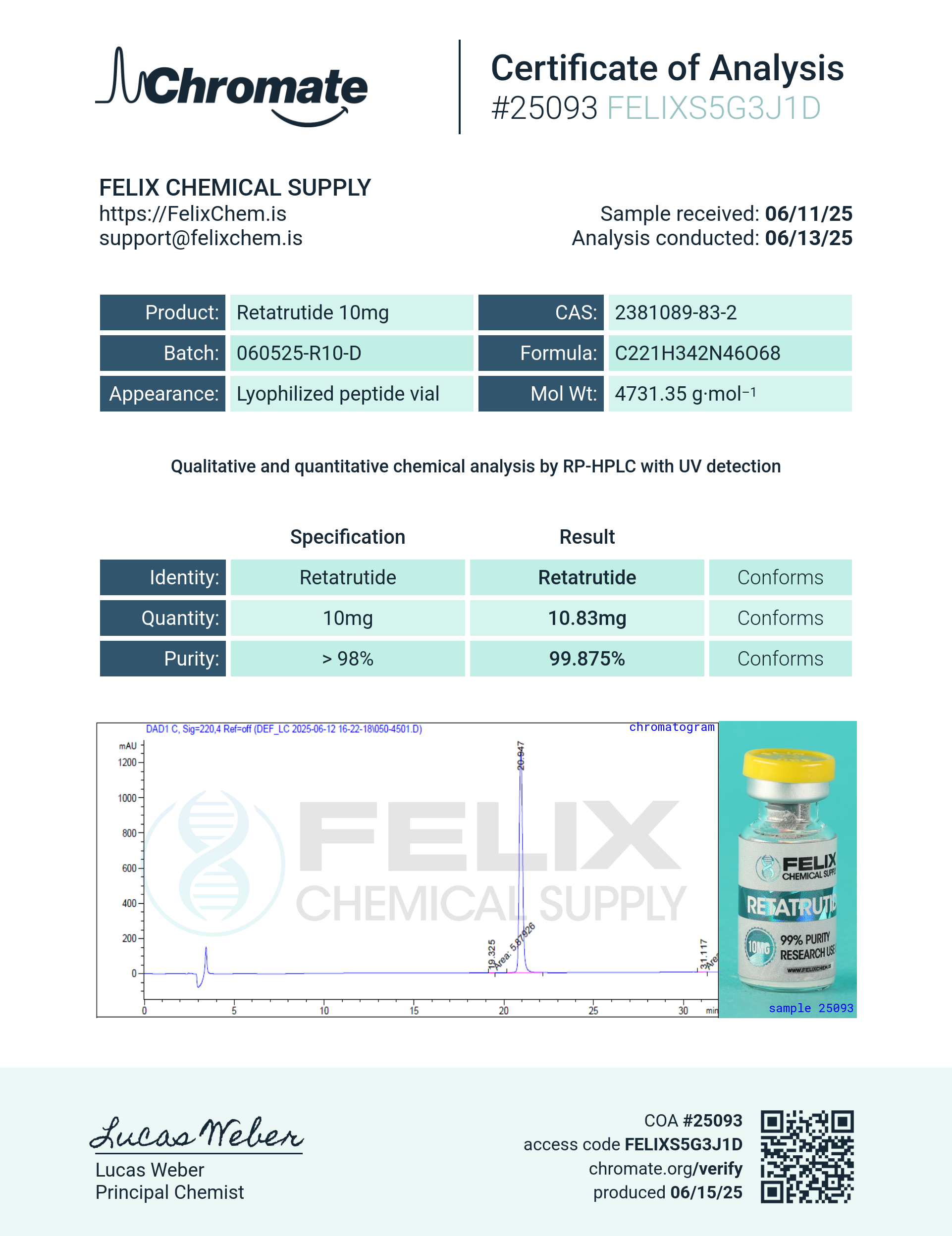 GLP-3R (10mg) Certificate of Analysis from Felix Chem