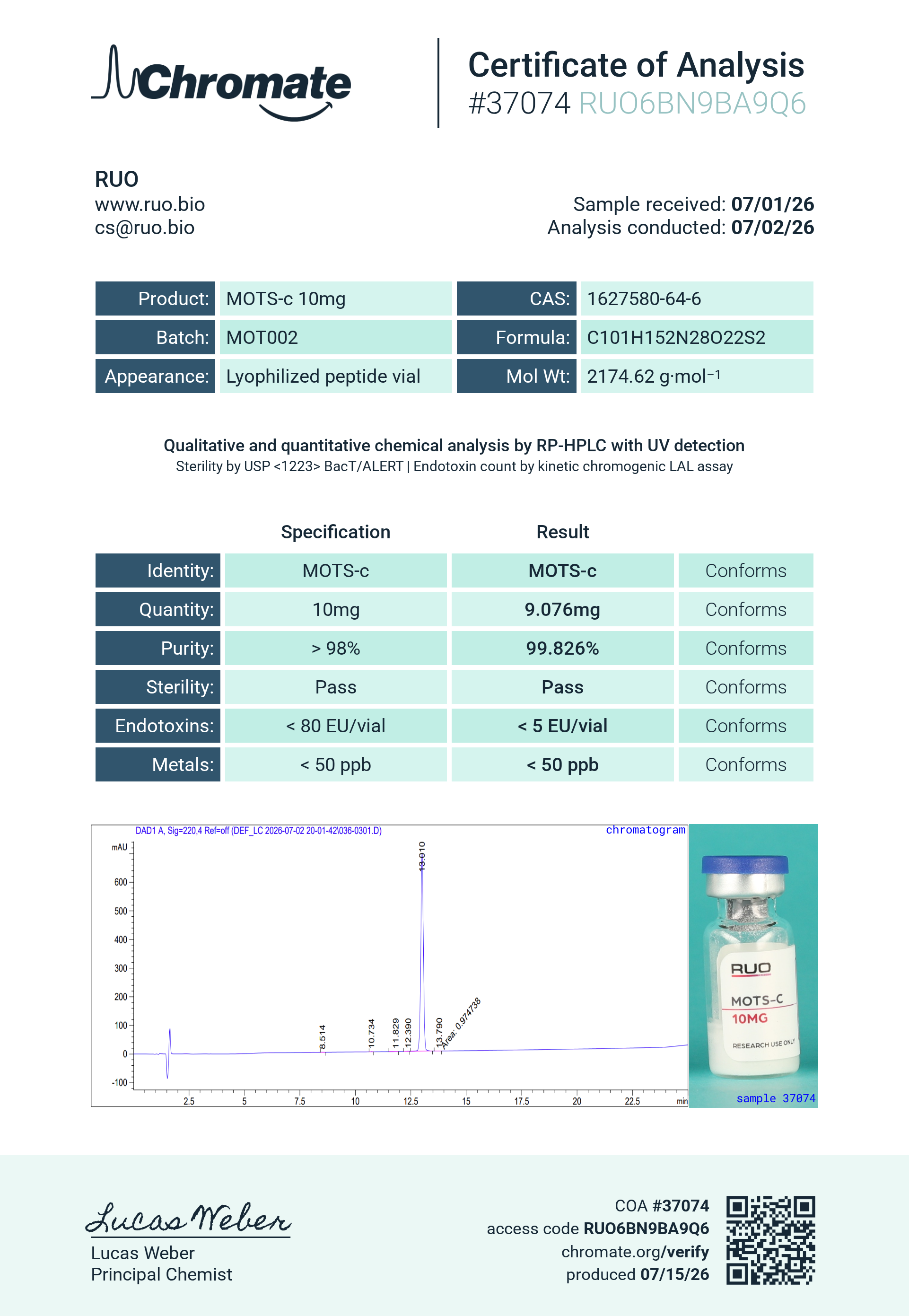MOTS-c (10mg) Certificate of Analysis from Ruo Bio