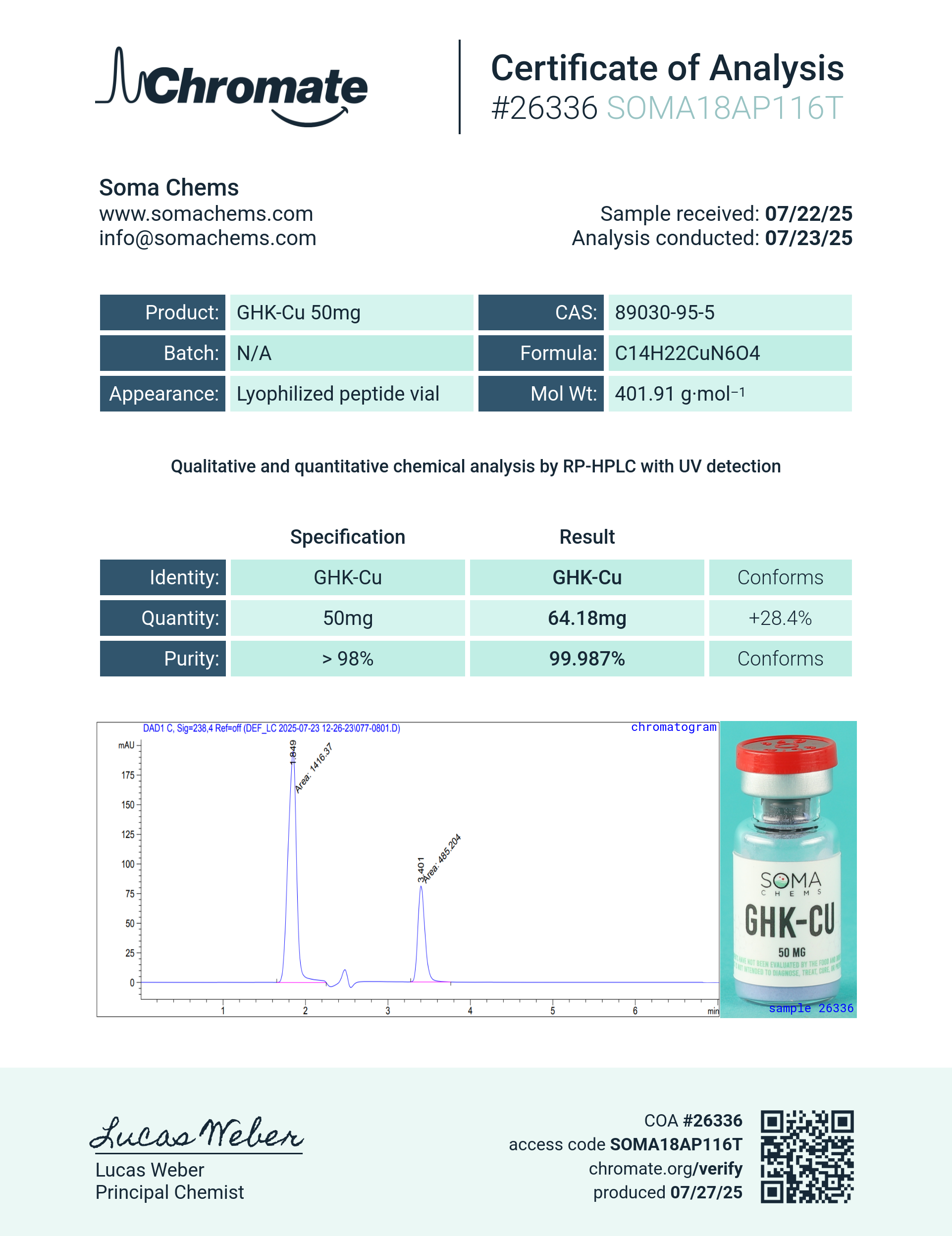 GHK-Cu (50mg) Certificate of Analysis from Soma Chems