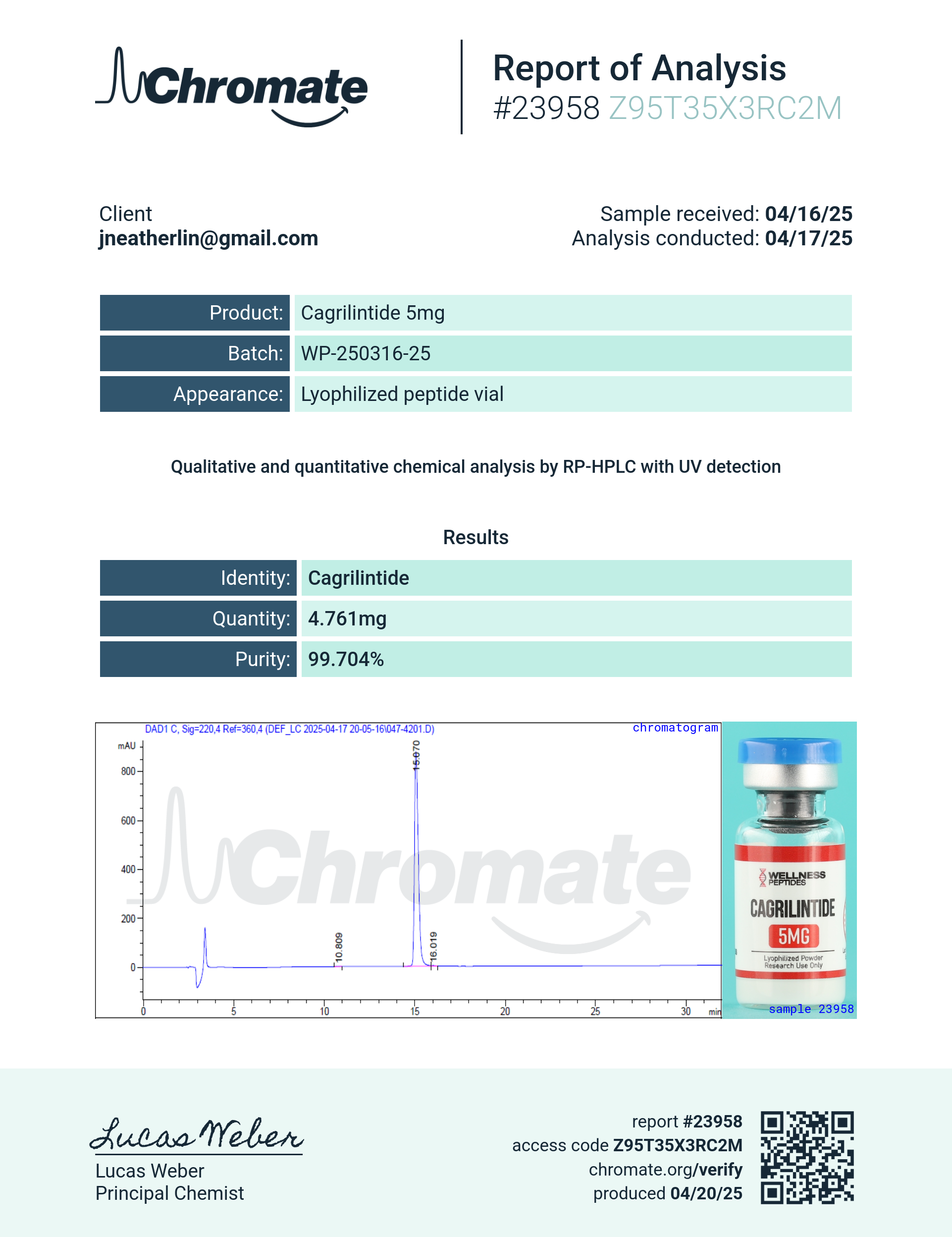 Cagrilintide (5mg) Certificate of Analysis from Wellness Peptides