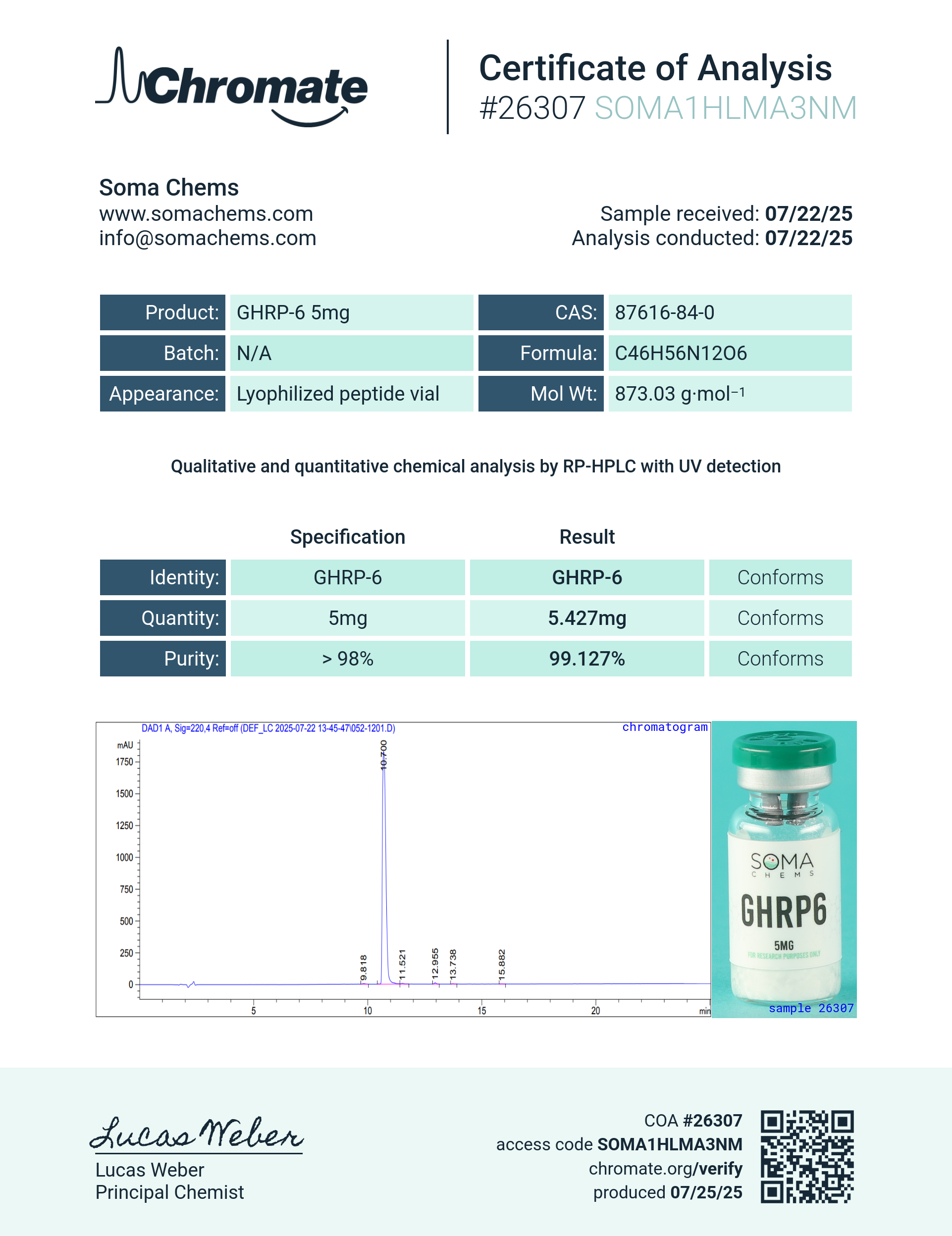 GHRP-6 (5mg) Certificate of Analysis from Soma Chems