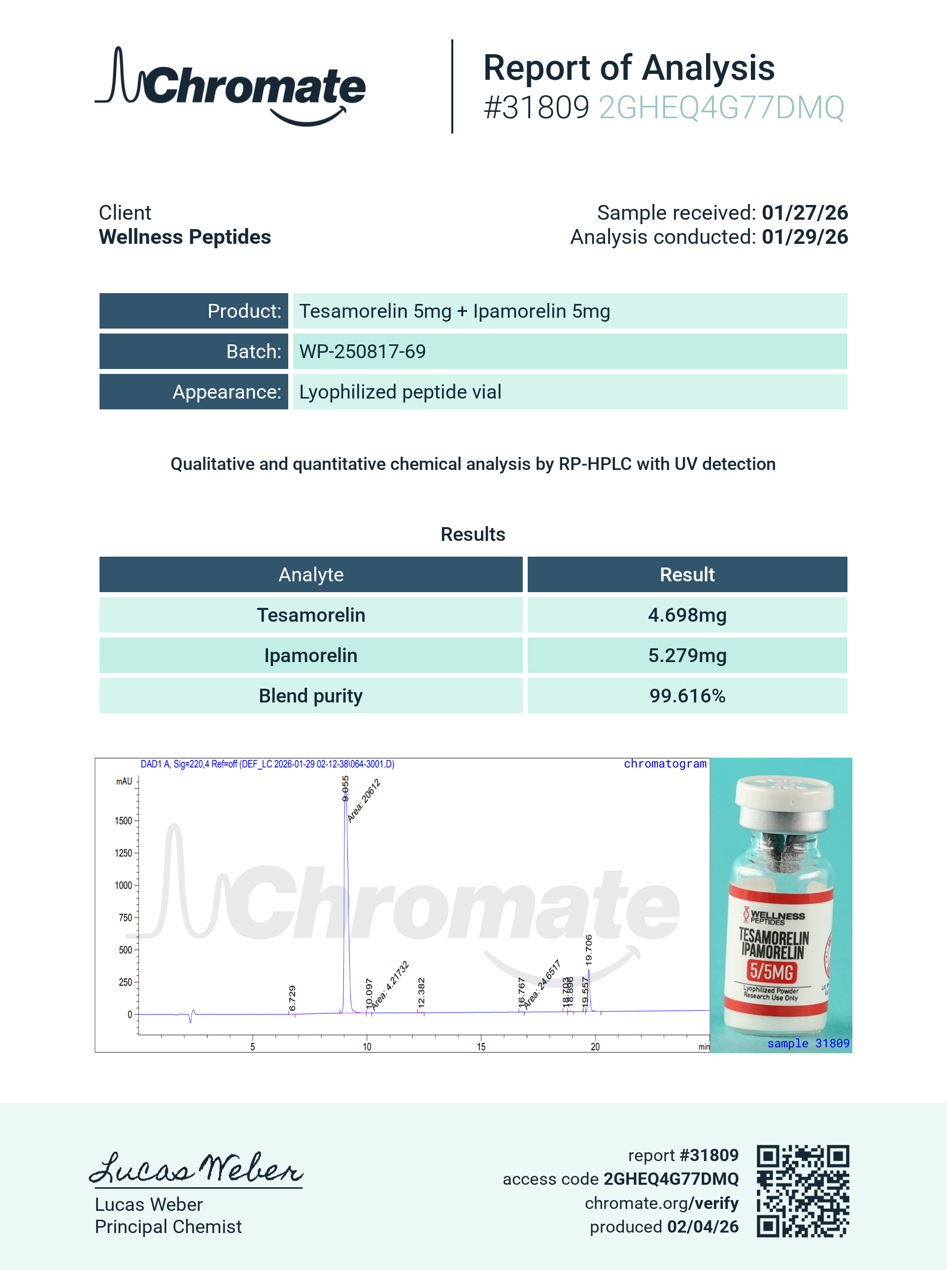 Tesamorelin/Ipamorelin (5/5mg) Certificate of Analysis from Wellness Peptides