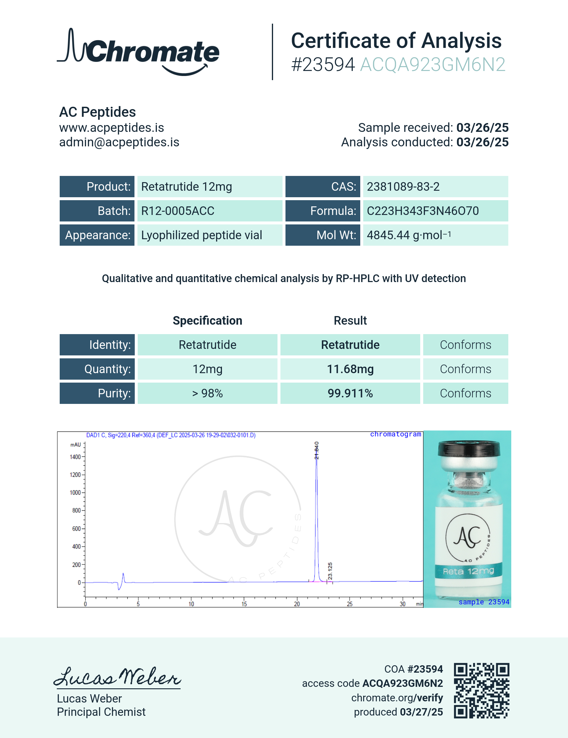 GLP-3R (12mg) Certificate of Analysis from AMC Essentials