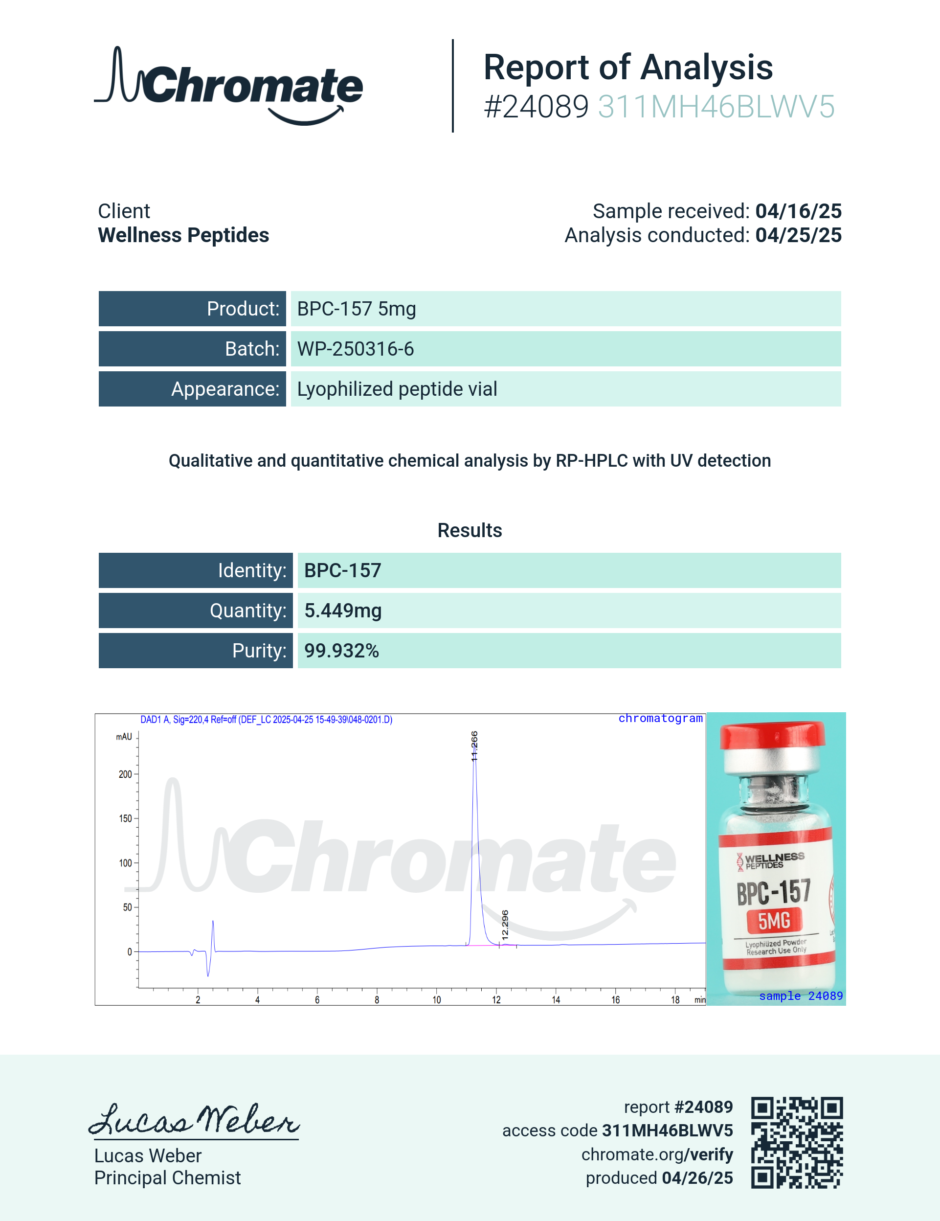 BPC-157 (5mg) Certificate of Analysis from Wellness Peptides