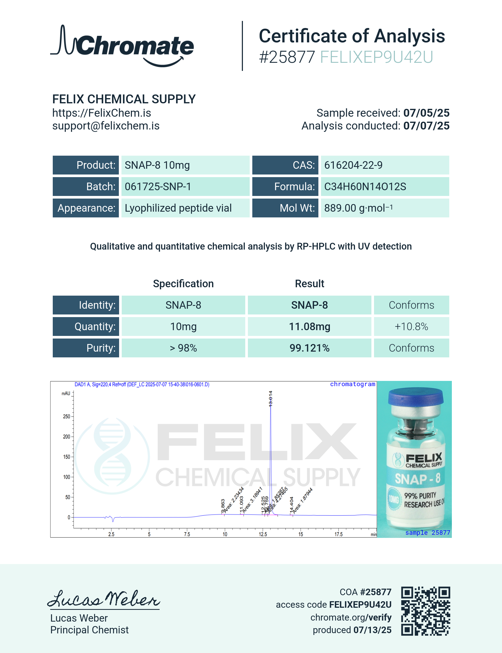 SNAP-8 (10mg) Certificate of Analysis from Felix Chem