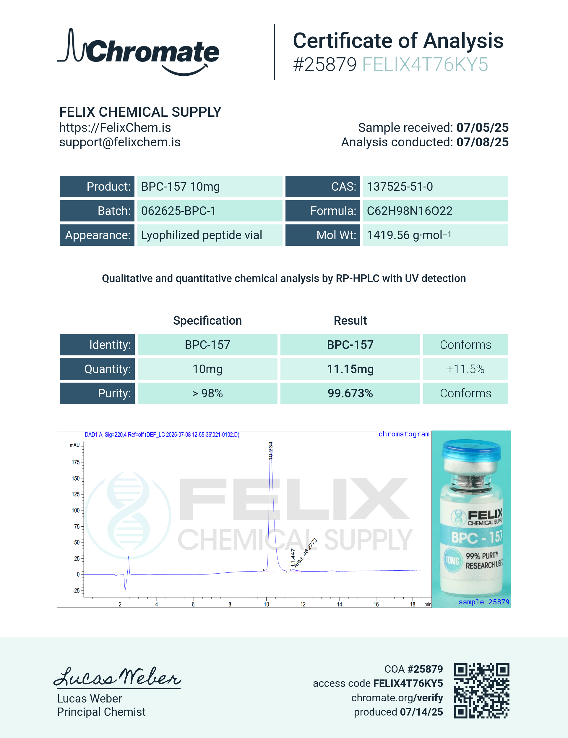 BPC-157 (10mg) Certificate of Analysis from Felix Chem