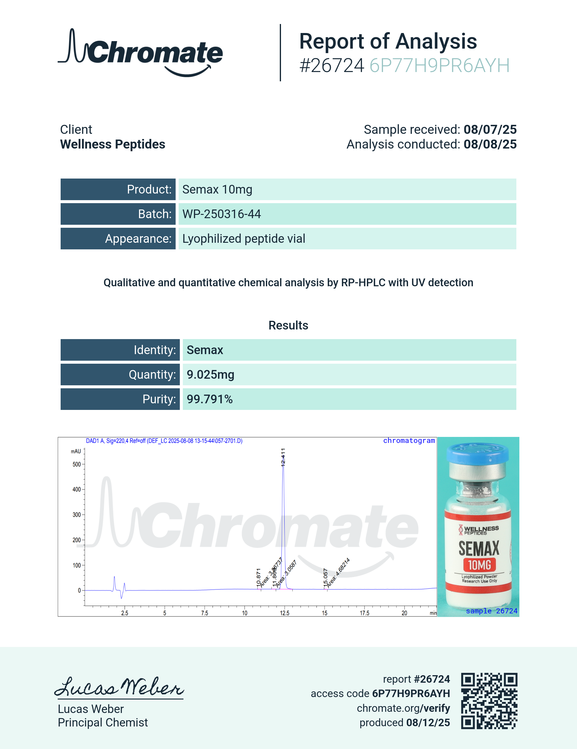 Semax (10mg) Certificate of Analysis from Wellness Peptides