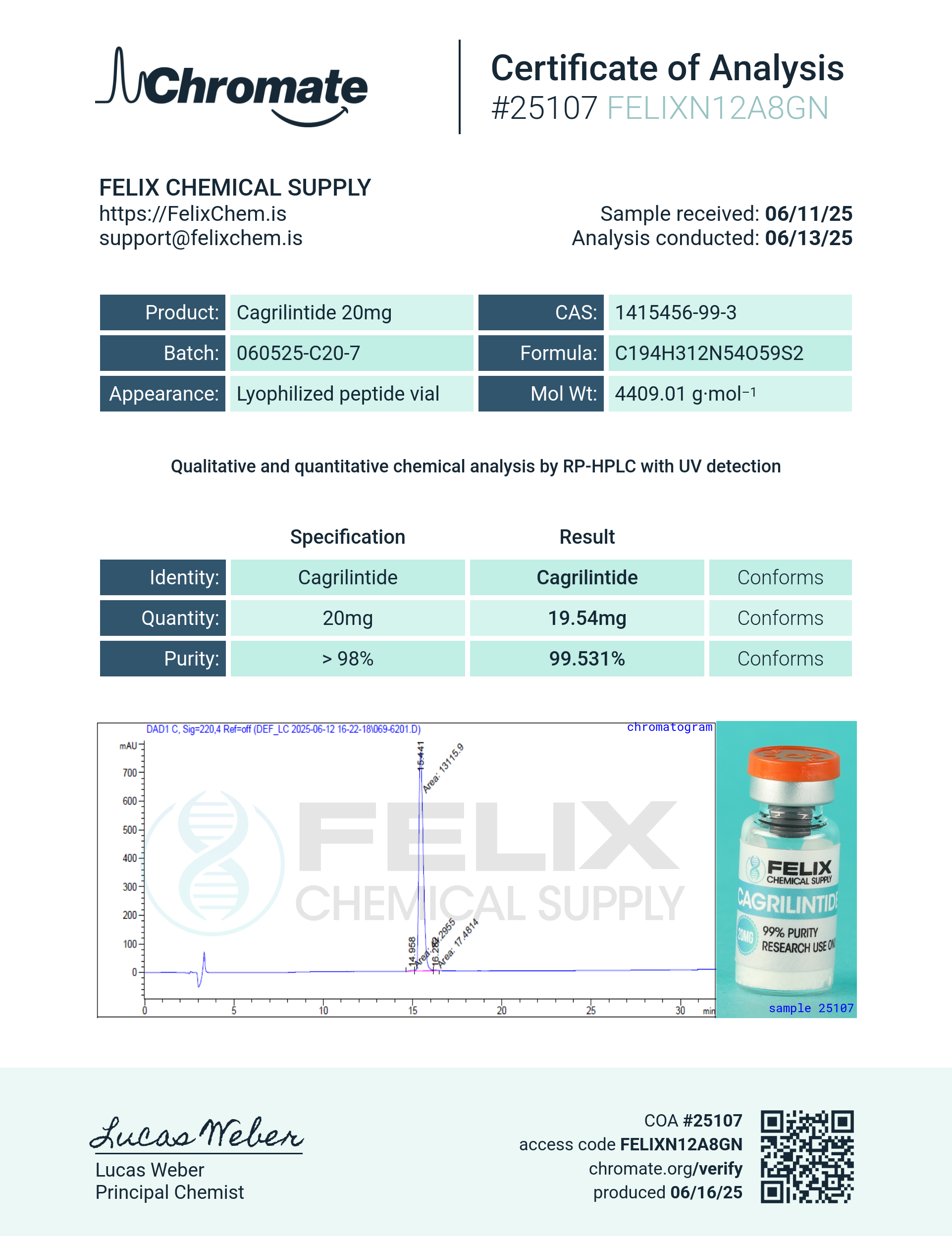 Cagrilintide (20mg) Certificate of Analysis from Felix Chem
