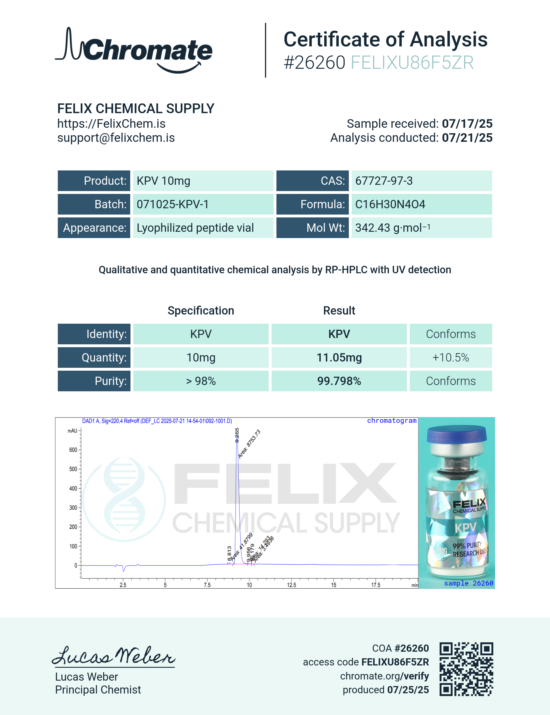 KPV (10mg) Certificate of Analysis from Felix Chem