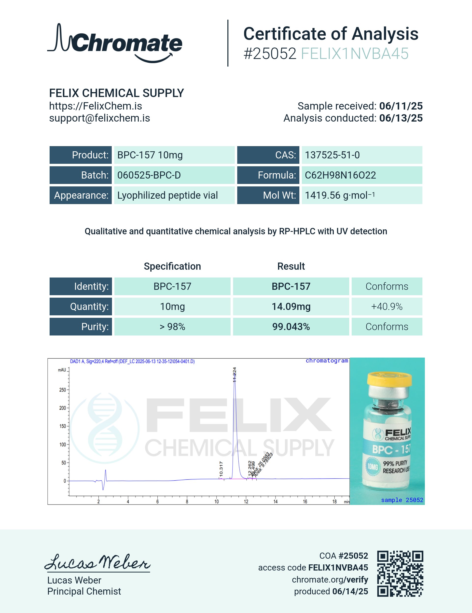 BPC-157 (10mg) Certificate of Analysis from Felix Chem