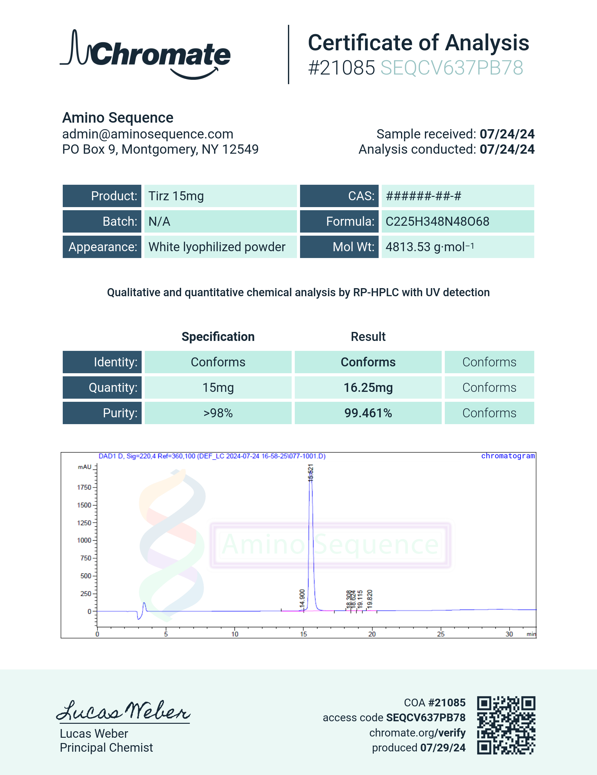GLP-2T (15mg) Certificate of Analysis from Amino Sequence