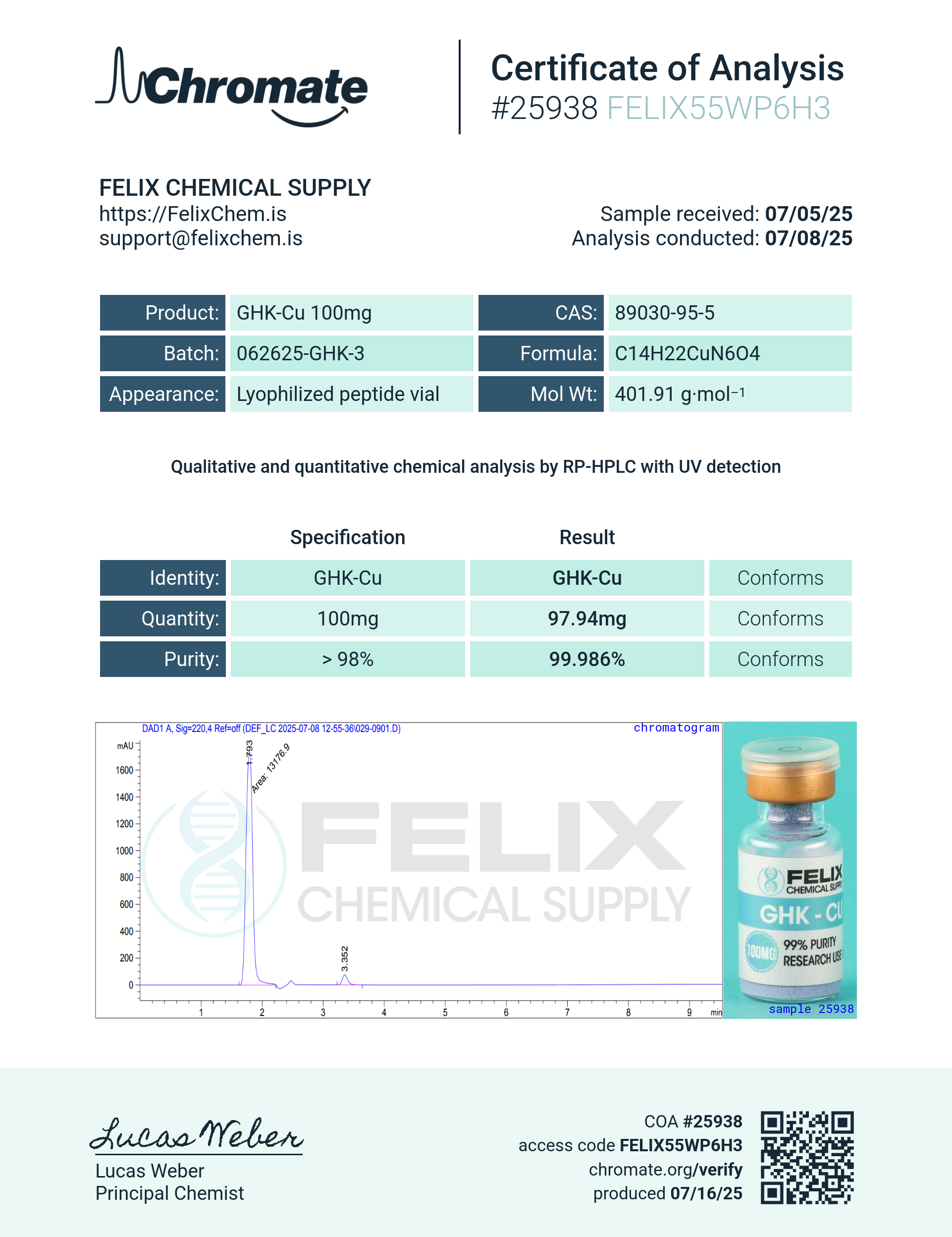 GHK-Cu (100mg) Certificate of Analysis from Felix Chem