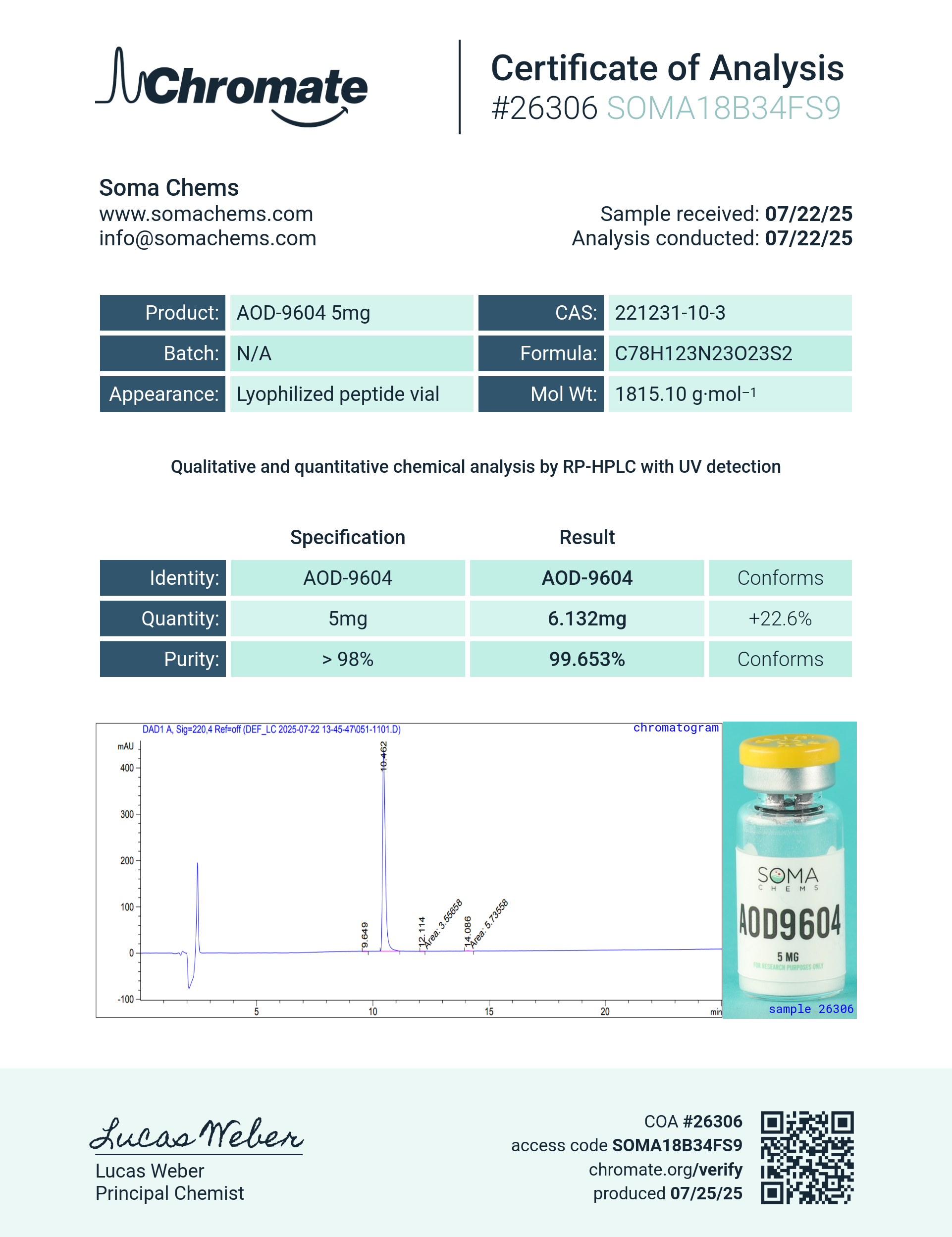 AOD-9604 (5mg) Certificate of Analysis from Soma Chems