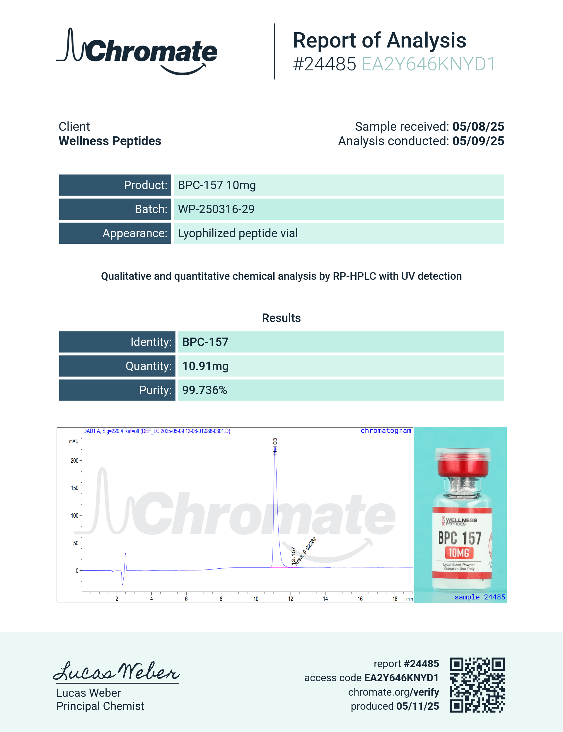 BPC-157 (10mg) Certificate of Analysis from Wellness Peptides