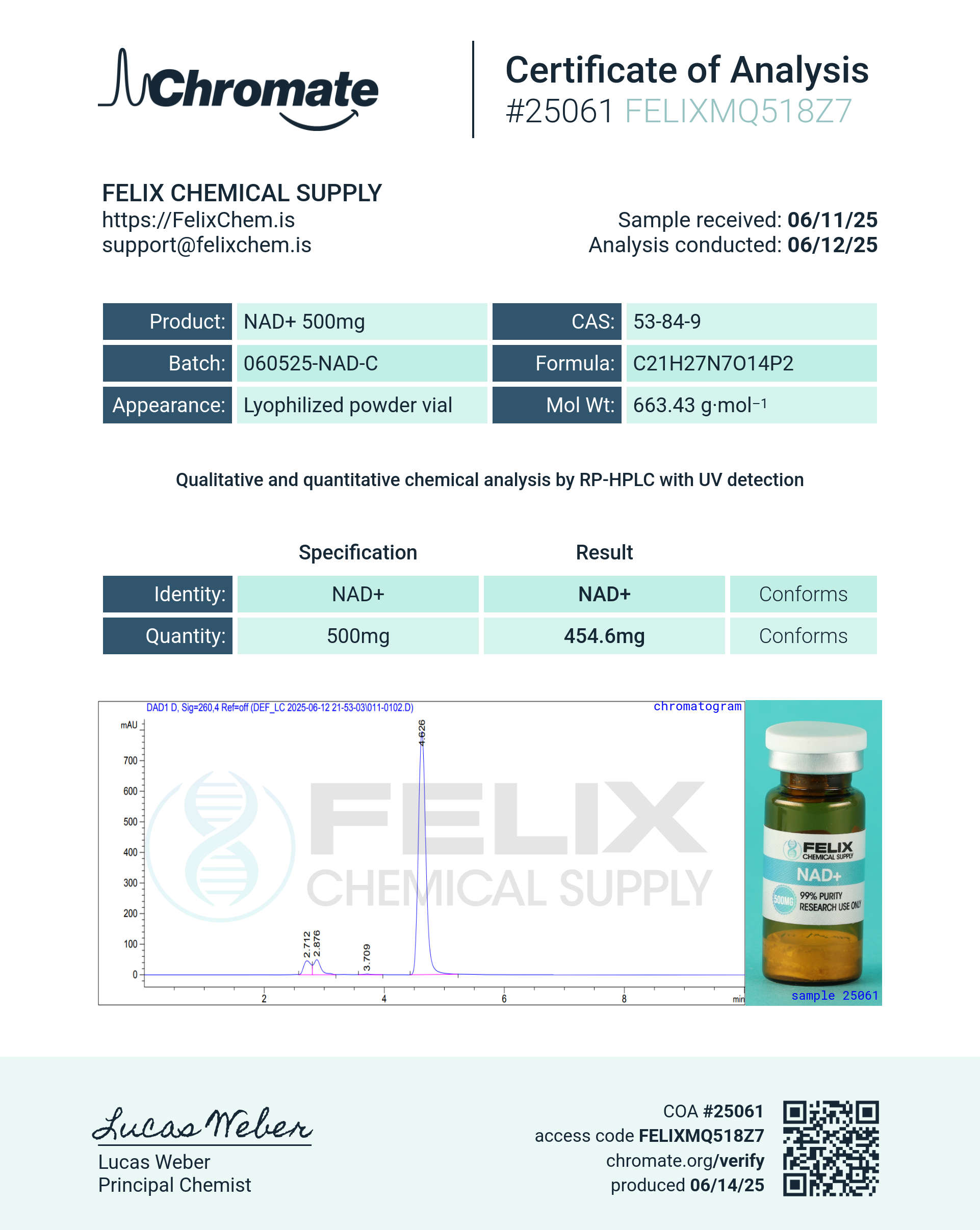 NAD+ (500mg) Certificate of Analysis from Felix Chem