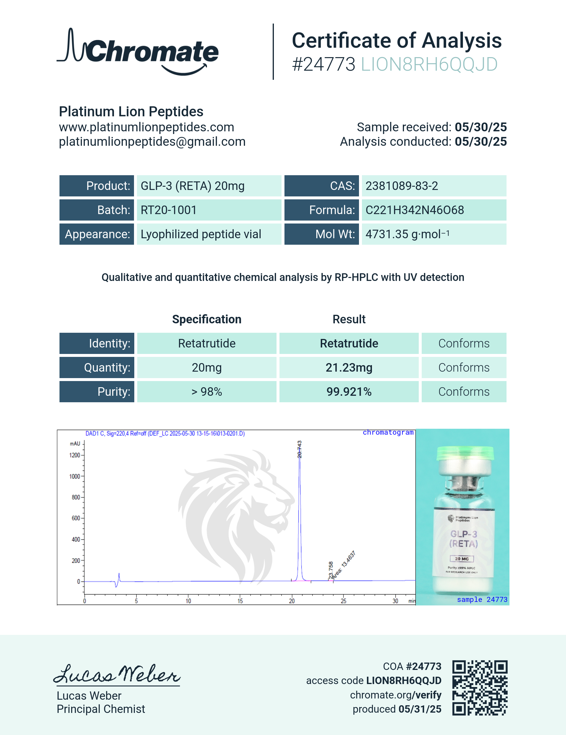 GLP-3R (20mg) Certificate of Analysis from Platinum Lion