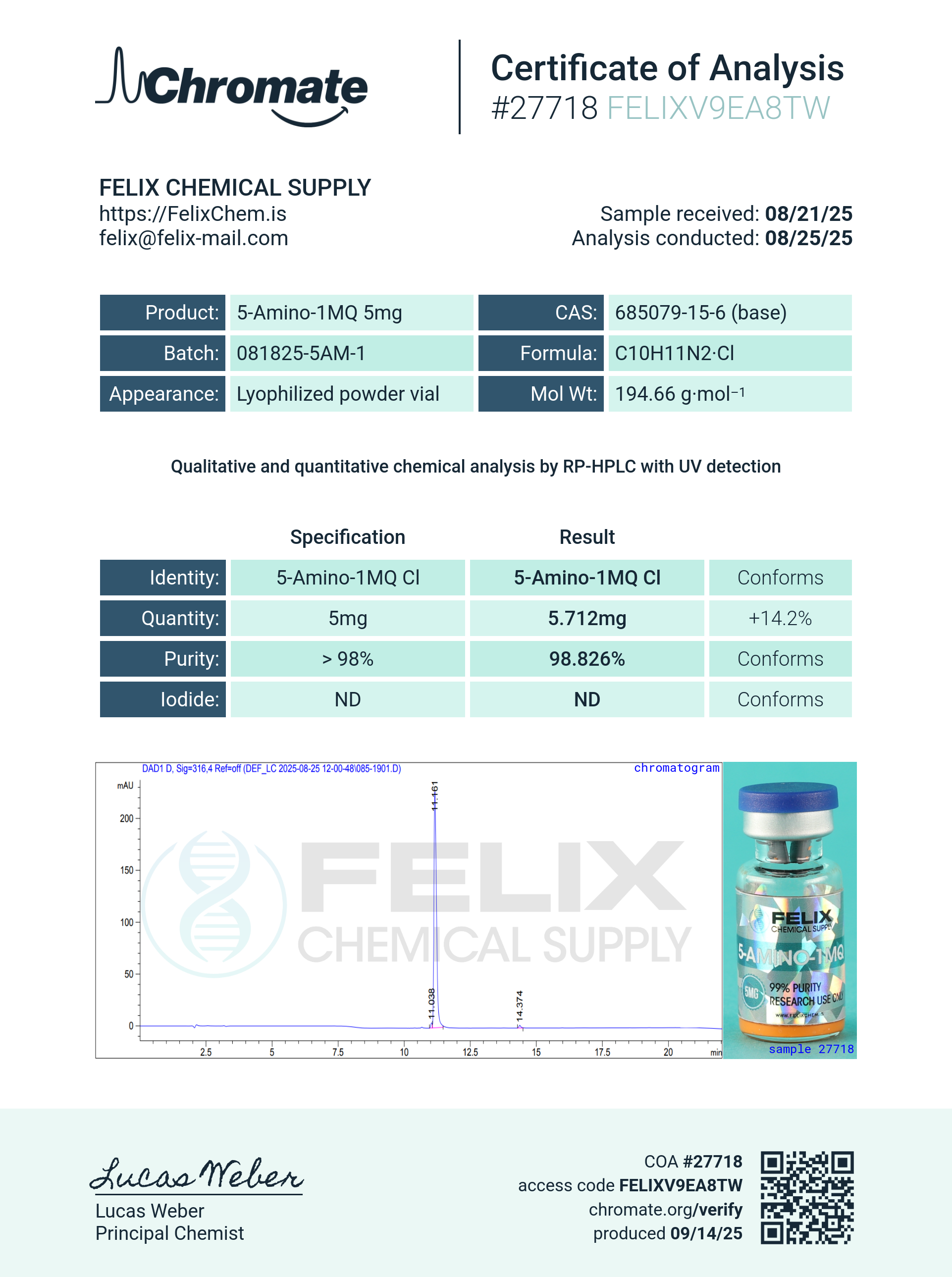 5-Amino-1MQ (5mg) Certificate of Analysis from Felix Chem