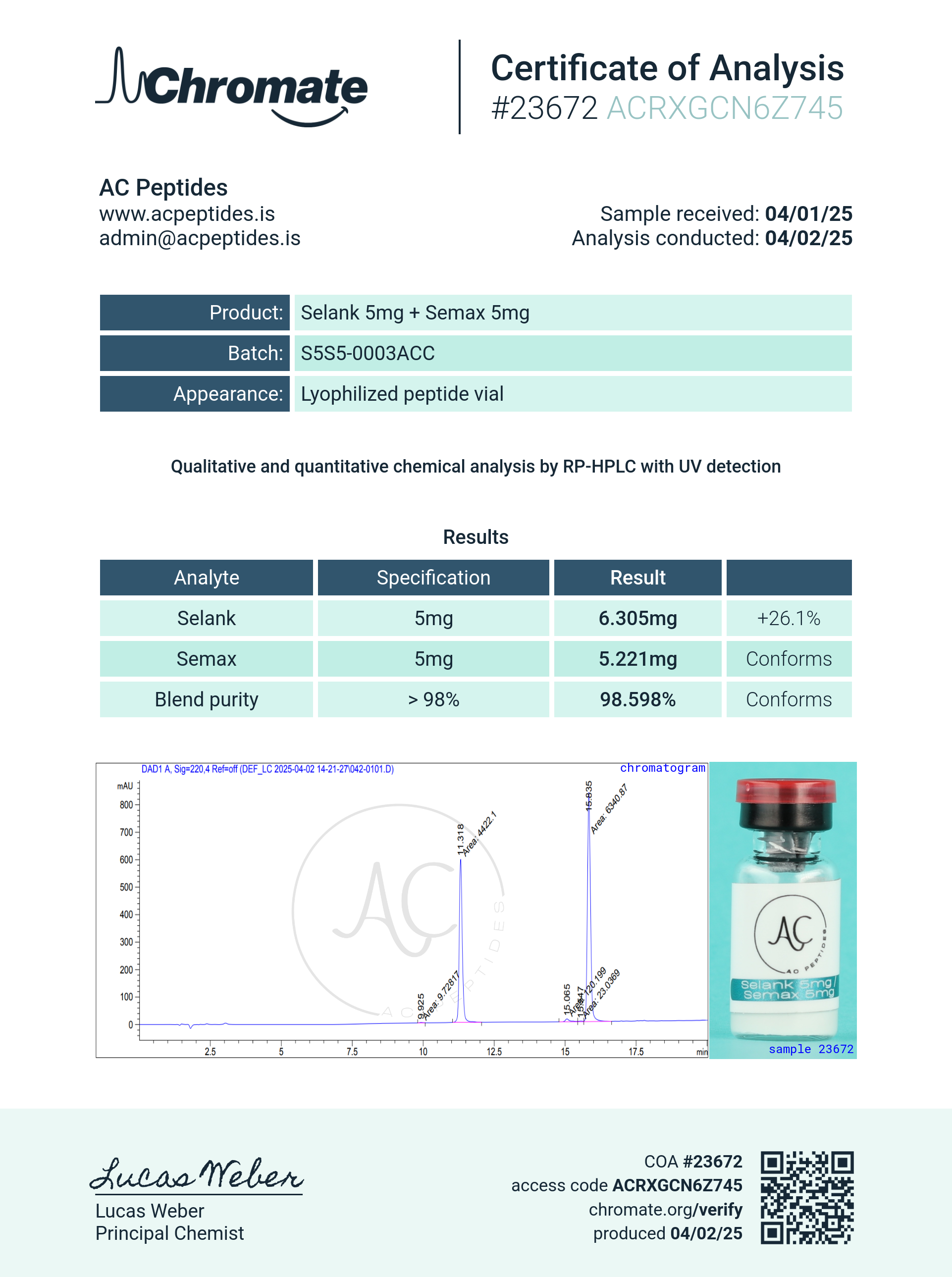 Selank/Semax (5/5mg) Certificate of Analysis from AMC Essentials