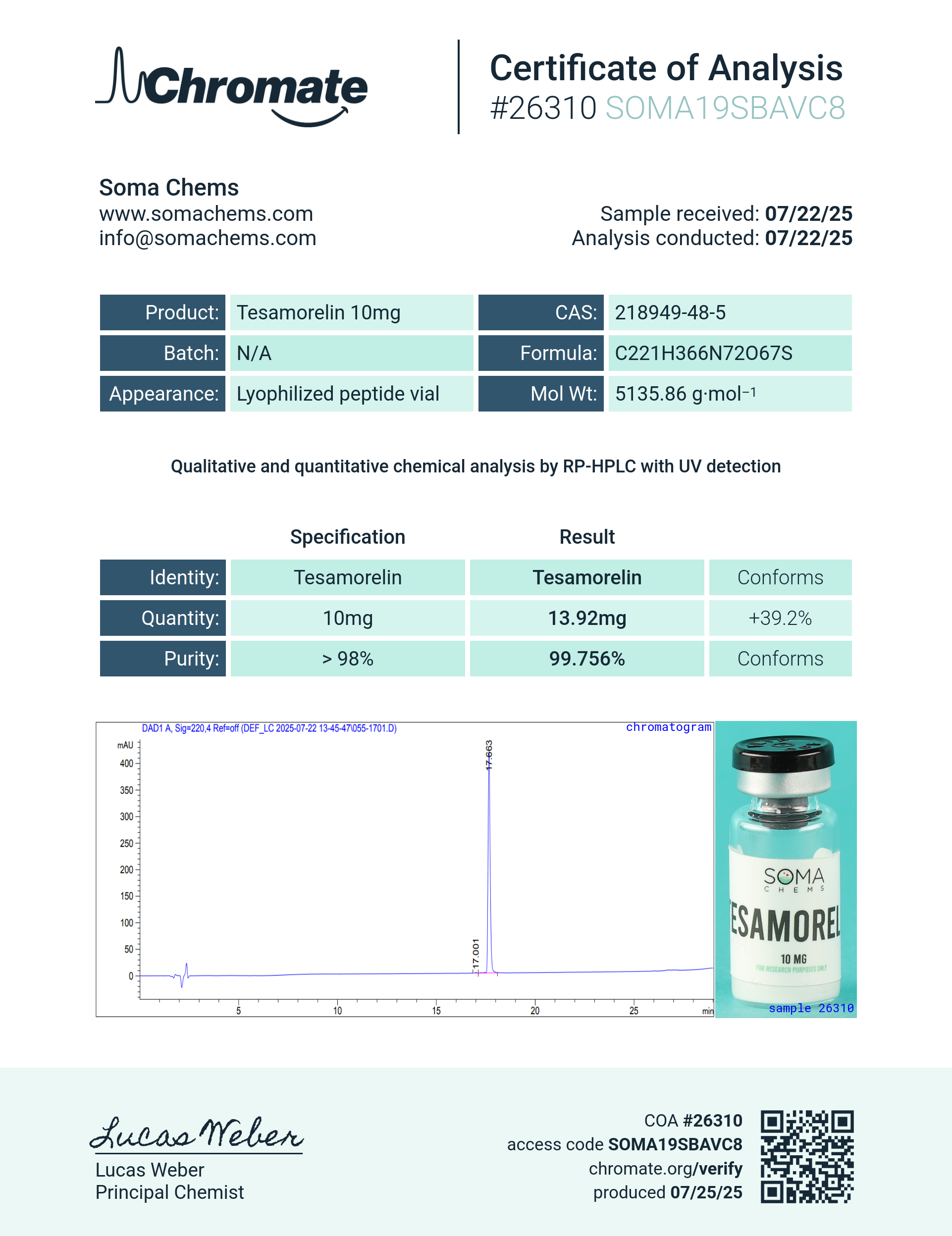 Tesamorelin (10mg) Certificate of Analysis from Soma Chems