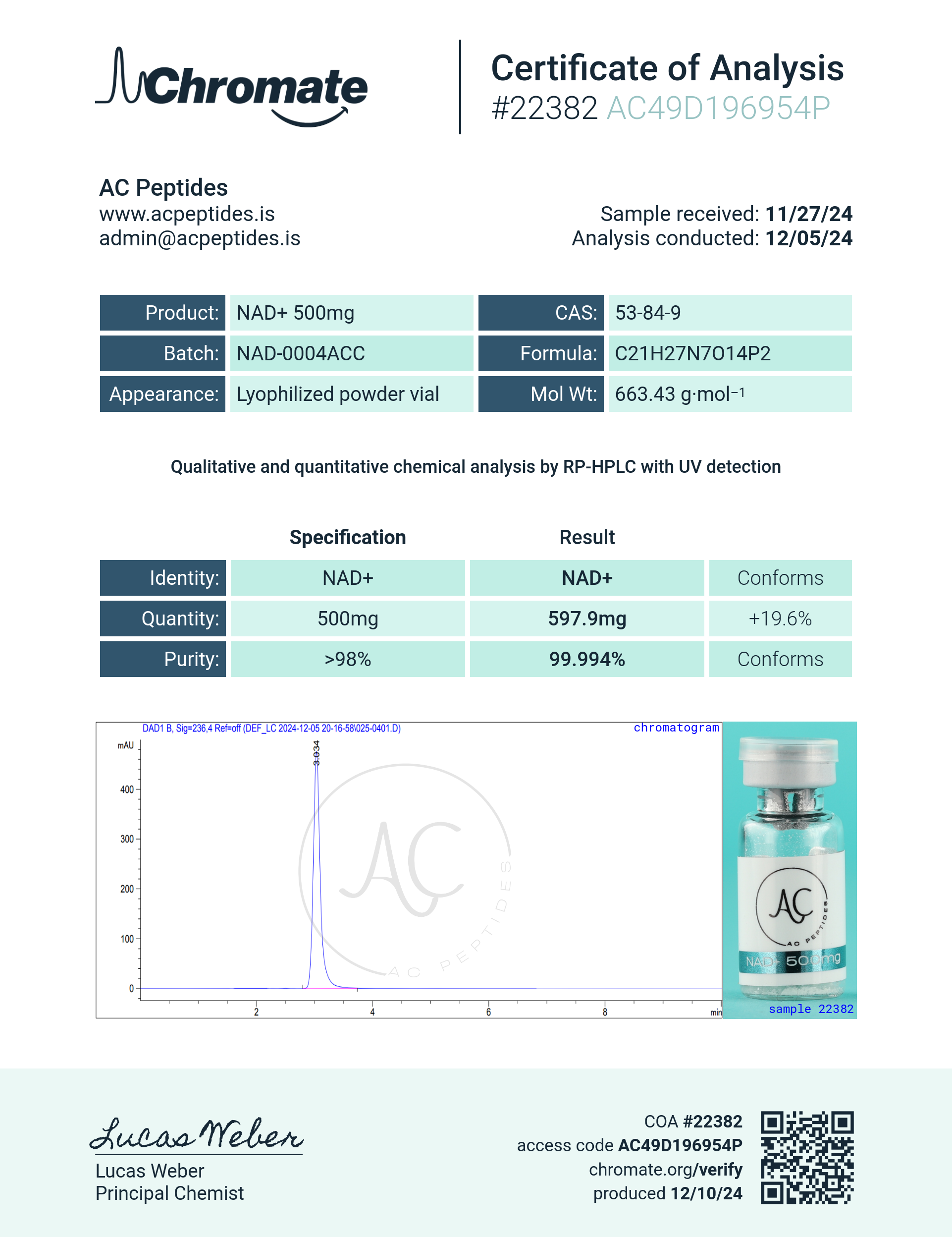 NAD+ (500mg) Certificate of Analysis from AMC Essentials
