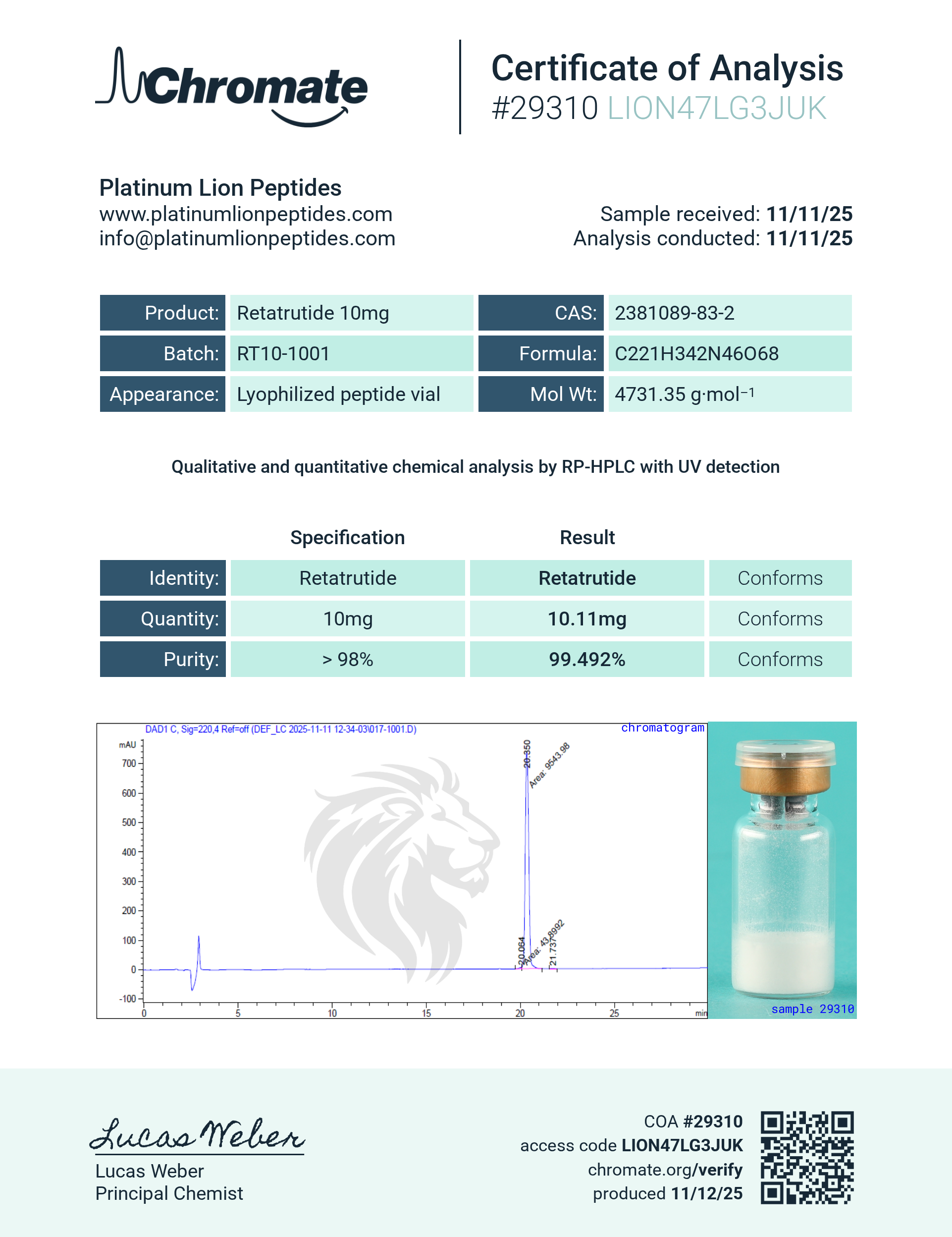 GLP-3R (10mg) Certificate of Analysis from Platinum Lion