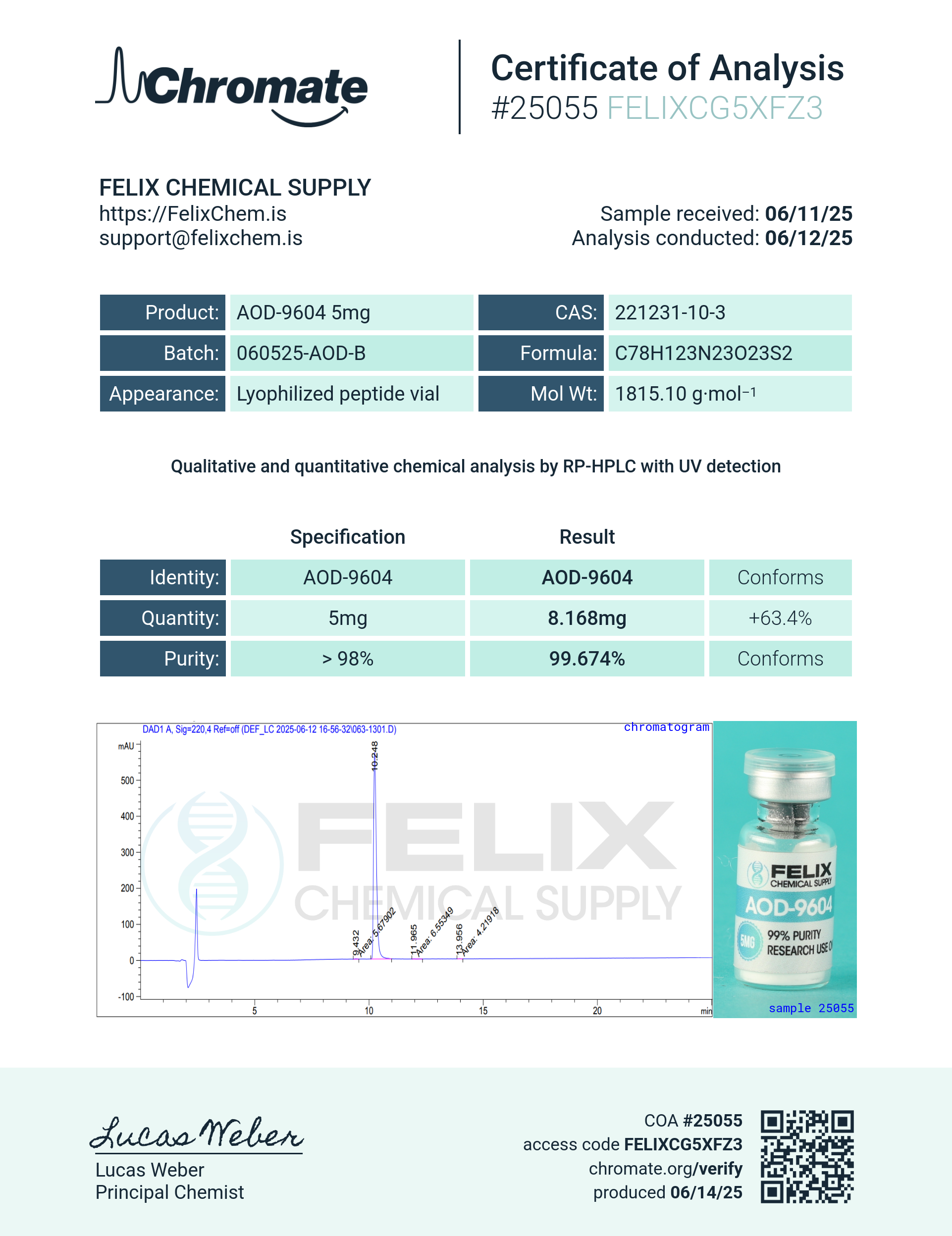 AOD-9604 (5mg) Certificate of Analysis from Felix Chem