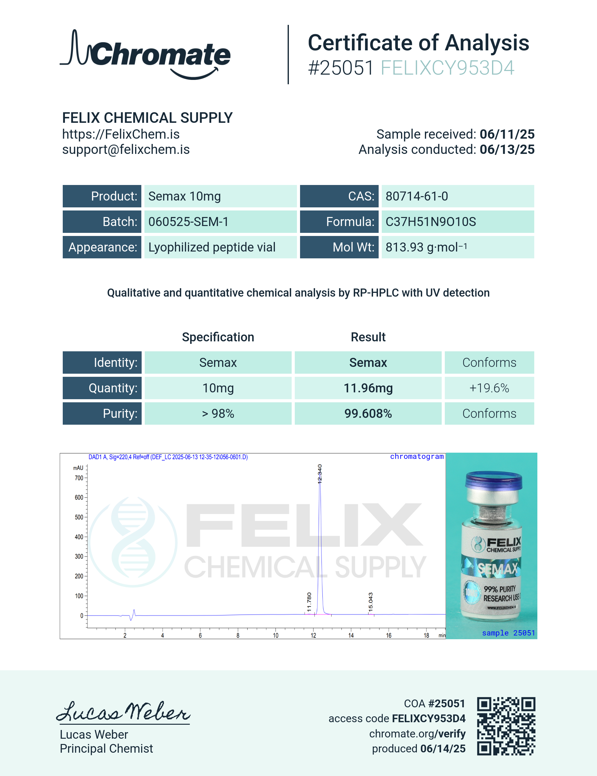 Semax (10mg) Certificate of Analysis from Felix Chem