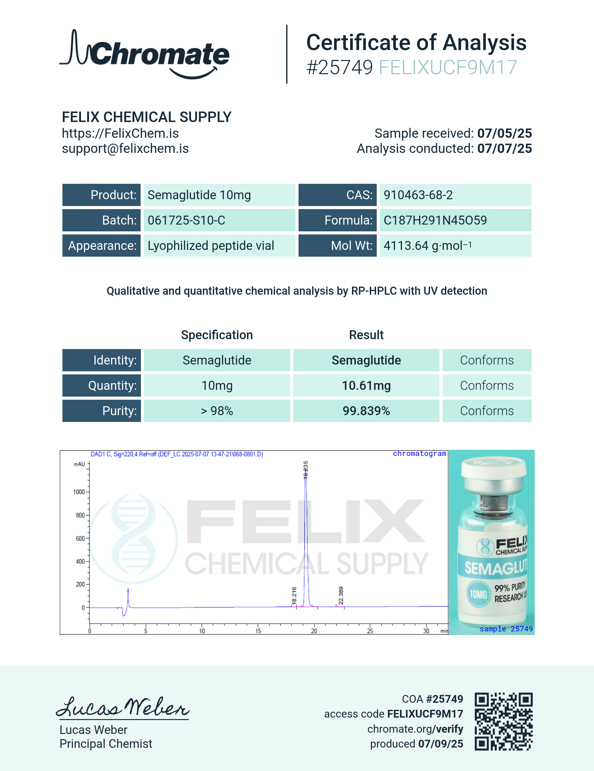 GLP-1S (10mg) Certificate of Analysis from Felix Chem