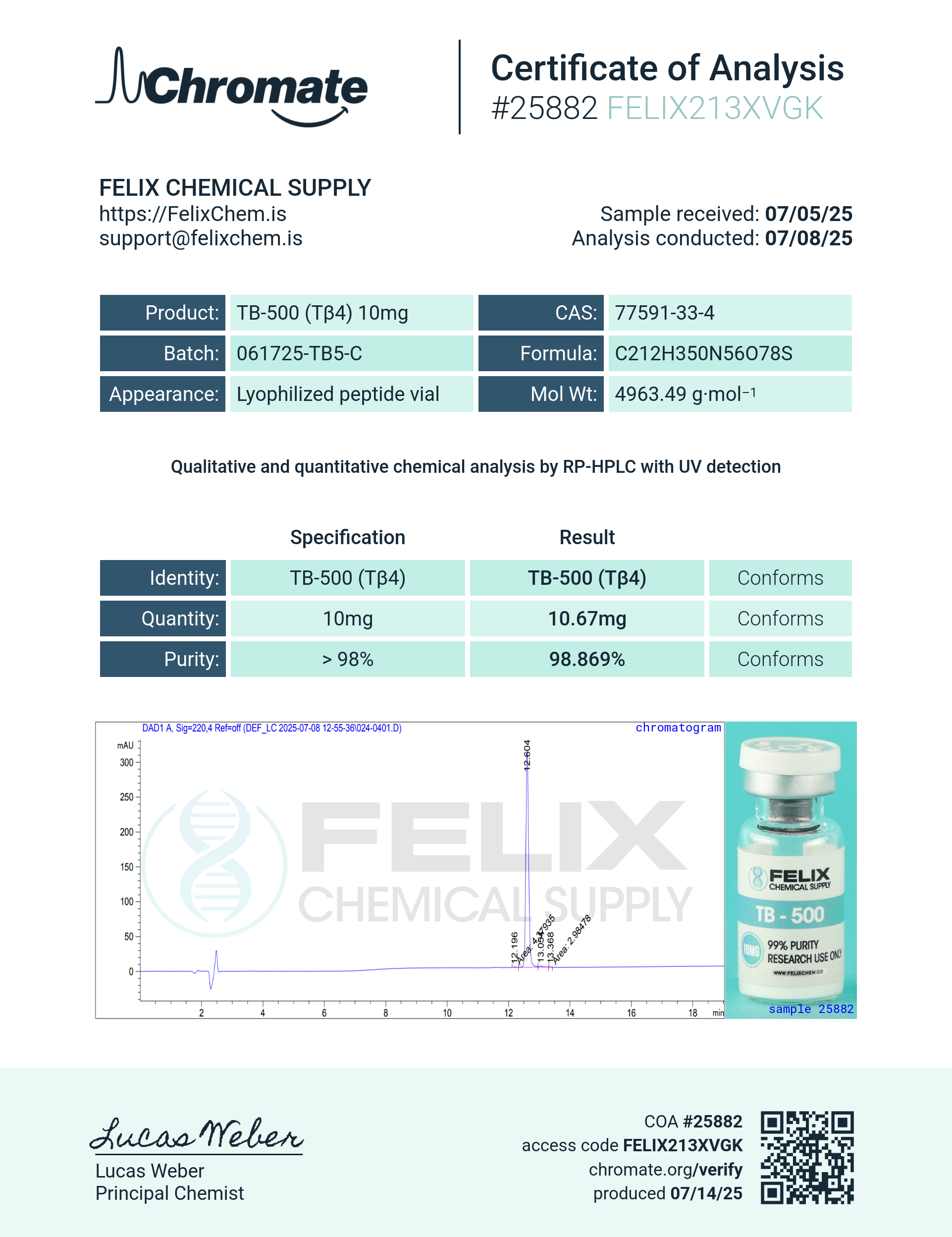 TB-500 (10mg) Certificate of Analysis from Felix Chem